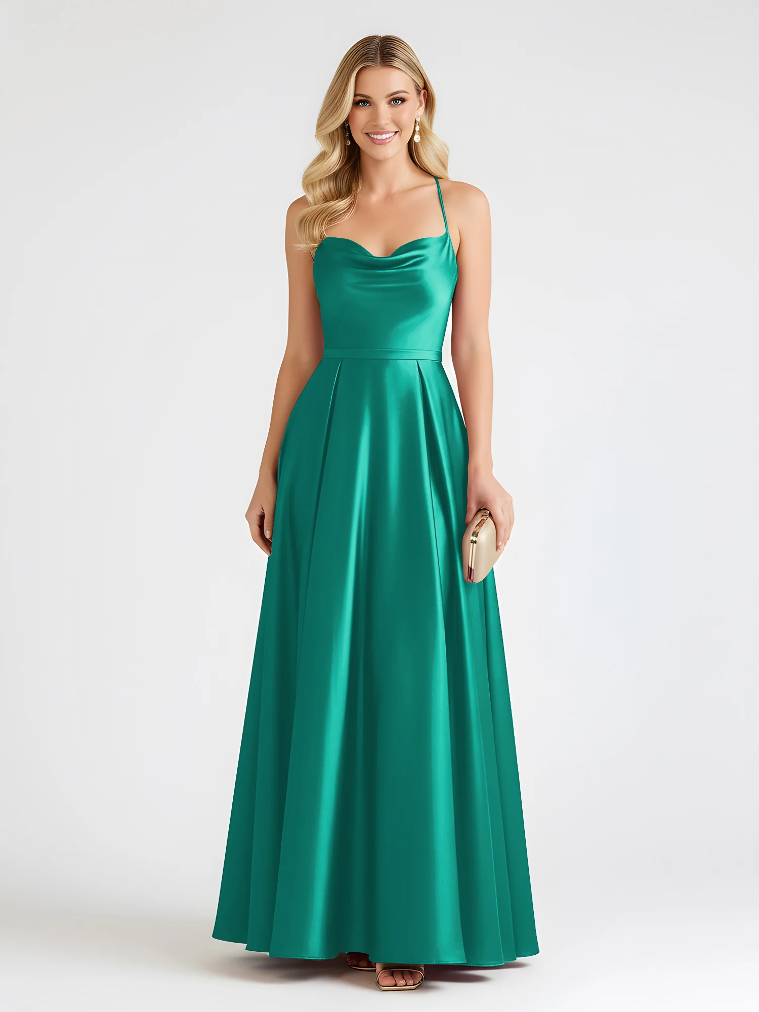 A-Line Satin Floor Length Cowl Neck Ruched Dresses Jade
