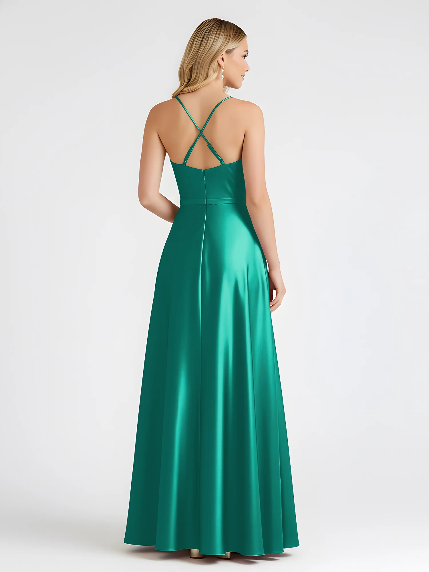 A-Line Satin Floor Length Cowl Neck Ruched Dresses Jade - Image 2