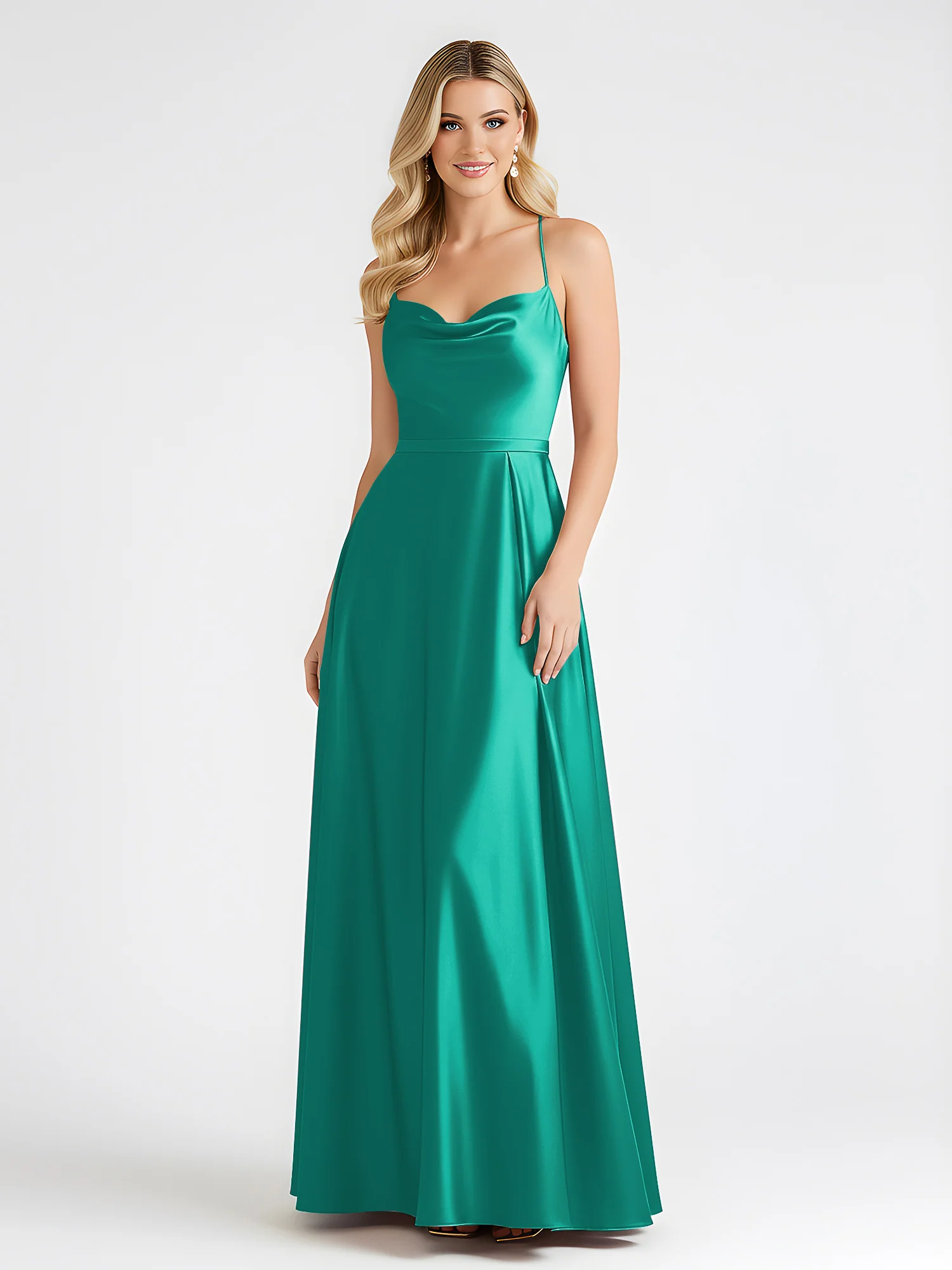 A-Line Satin Floor Length Cowl Neck Ruched Dresses Jade - Image 3