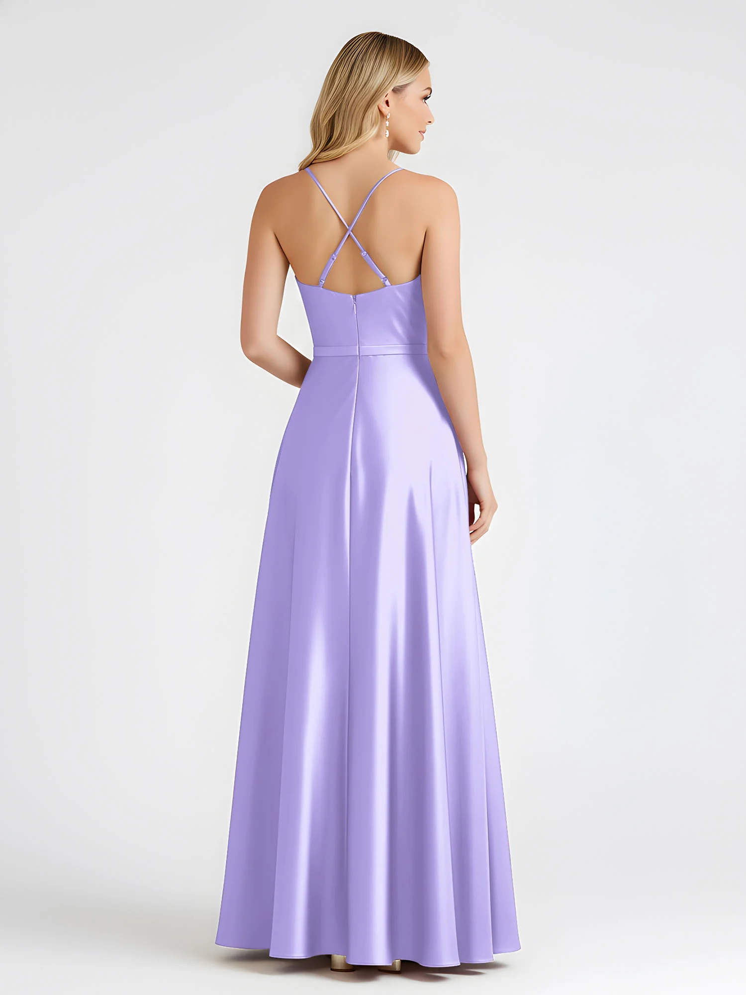 A-Line Satin Floor Length Cowl Neck Ruched Dresses Lilac - Image 2