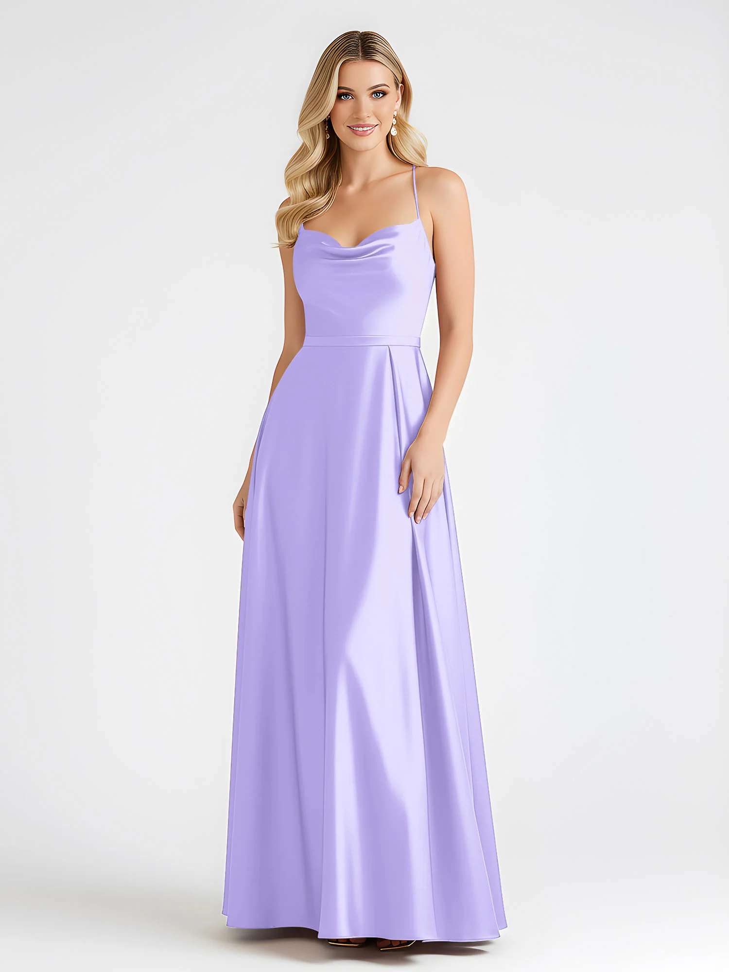 A-Line Satin Floor Length Cowl Neck Ruched Dresses Lilac - Image 3