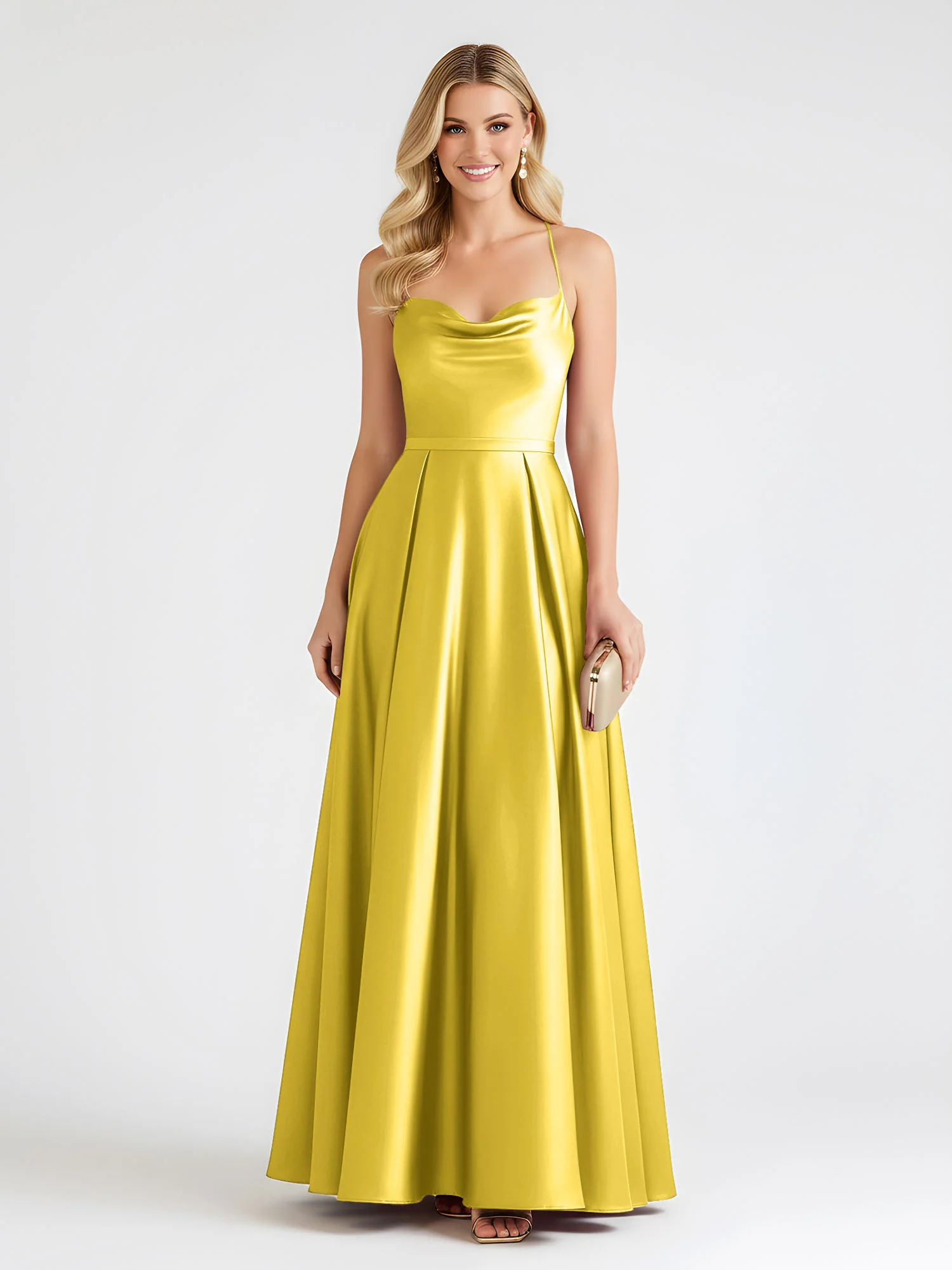 A-Line Satin Floor Length Cowl Neck Ruched Dresses Marigold
