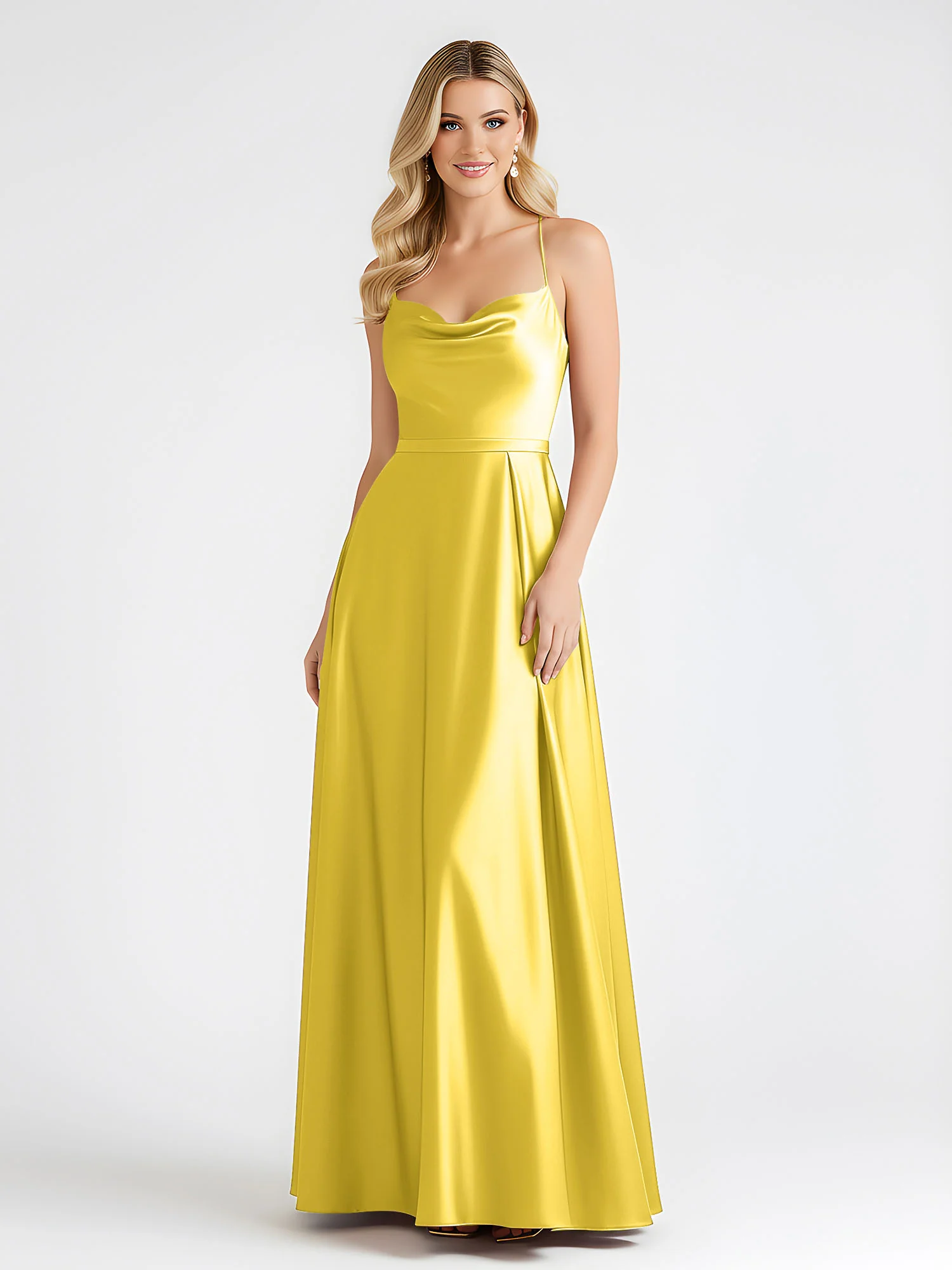 A-Line Satin Floor Length Cowl Neck Ruched Dresses Marigold - Image 3