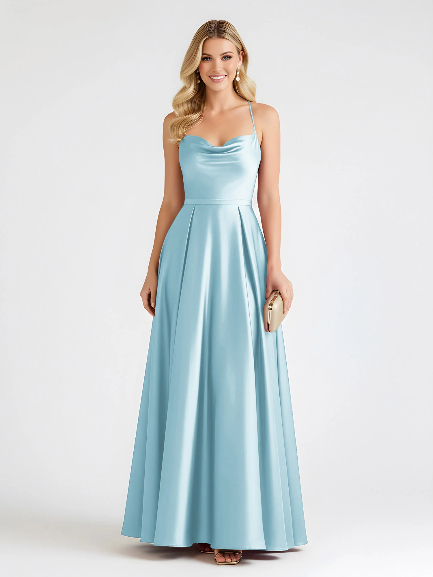 A-Line Satin Floor Length Cowl Neck Ruched Dresses Mist