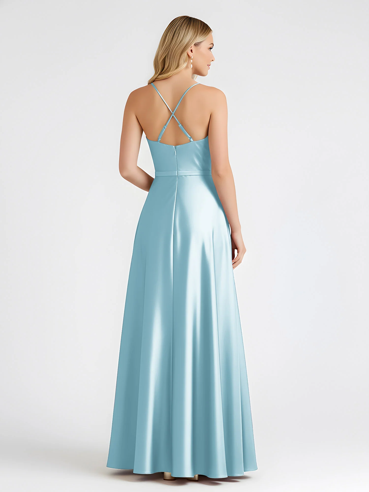A-Line Satin Floor Length Cowl Neck Ruched Dresses Mist - Image 2