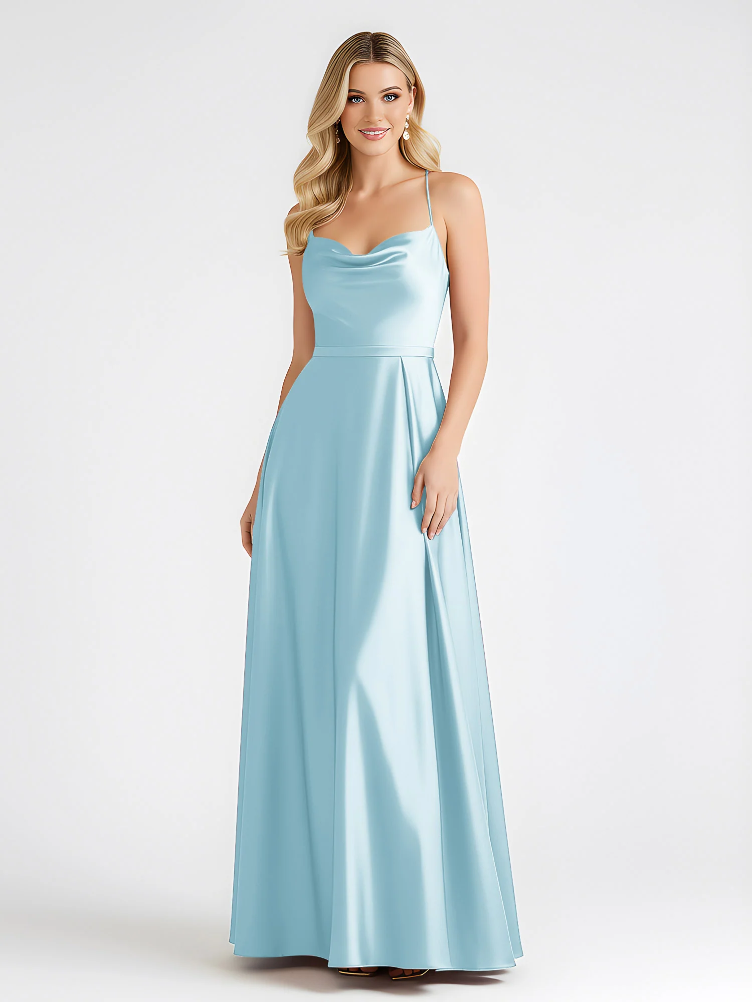 A-Line Satin Floor Length Cowl Neck Ruched Dresses Mist - Image 3