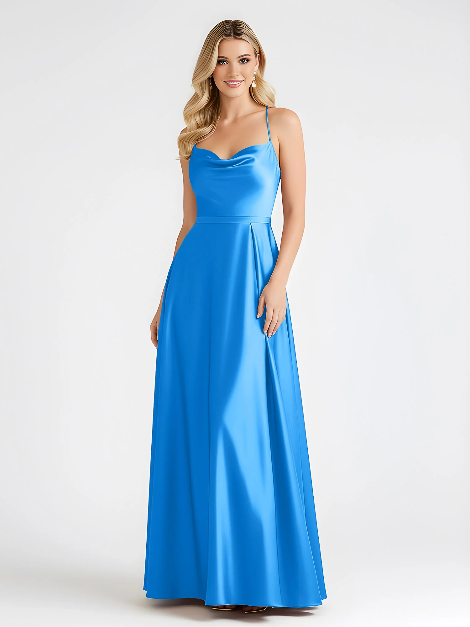 A-Line Satin Floor Length Cowl Neck Ruched Dresses Ocean Blue - Image 3