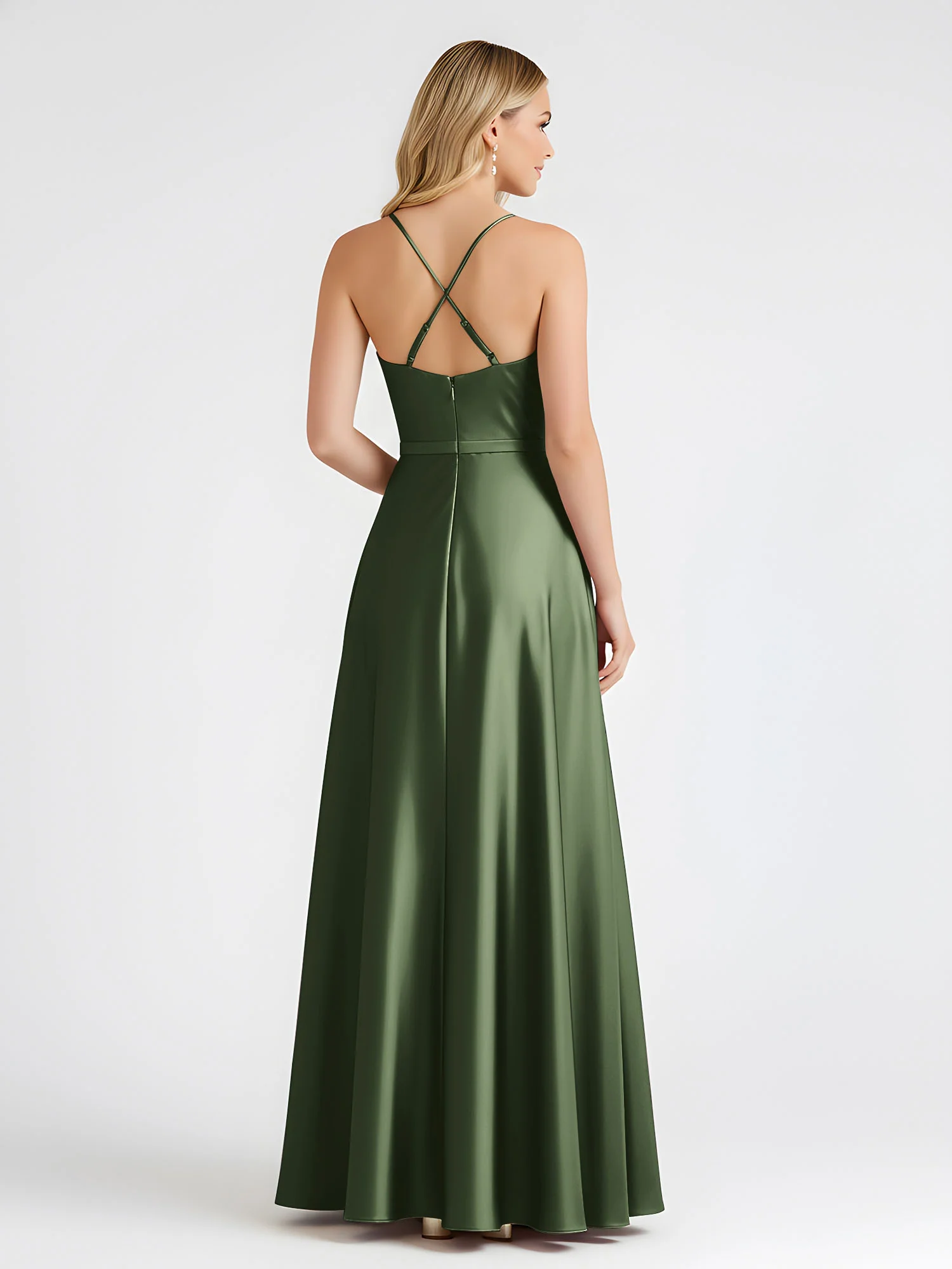 A-Line Satin Floor Length Cowl Neck Ruched Dresses Olive Green - Image 2