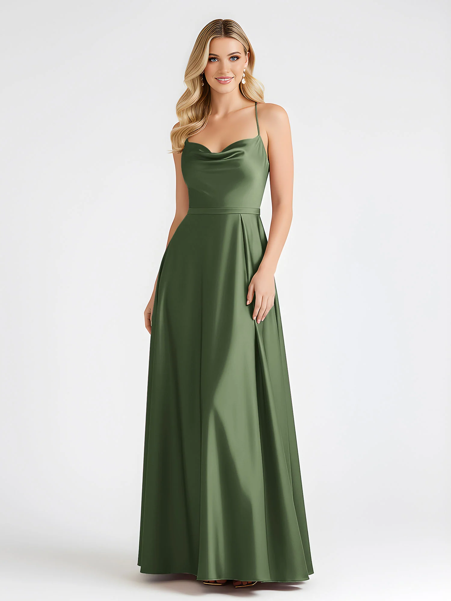 A-Line Satin Floor Length Cowl Neck Ruched Dresses Olive Green - Image 3