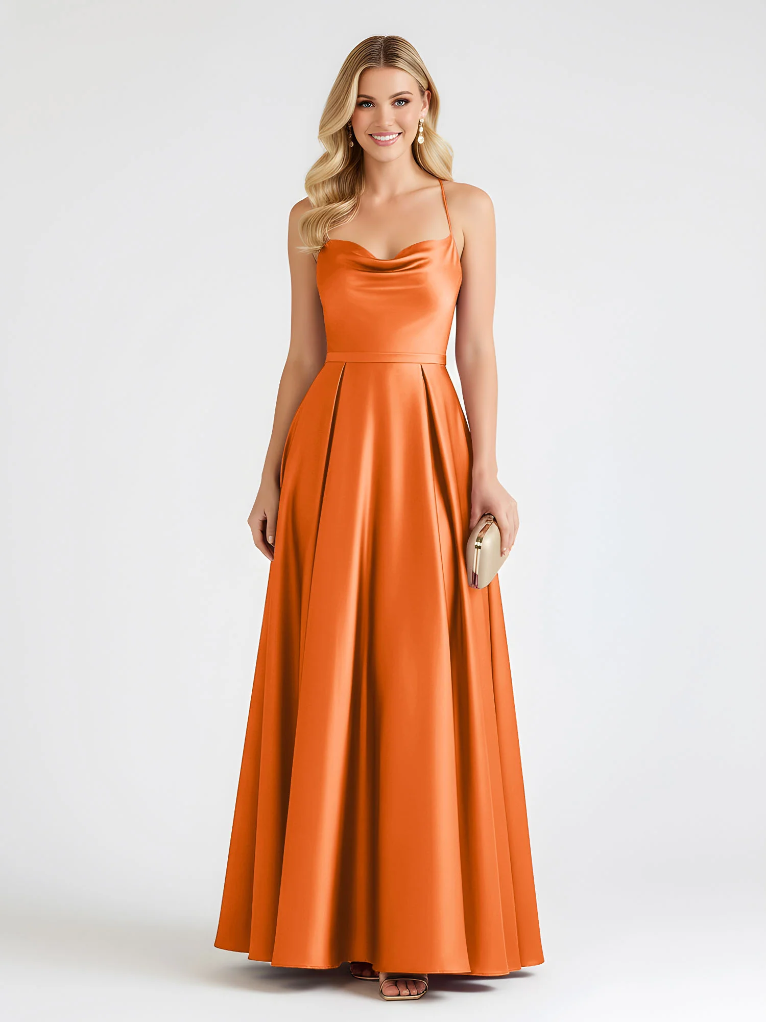 A-Line Satin Floor Length Cowl Neck Ruched Dresses Orange
