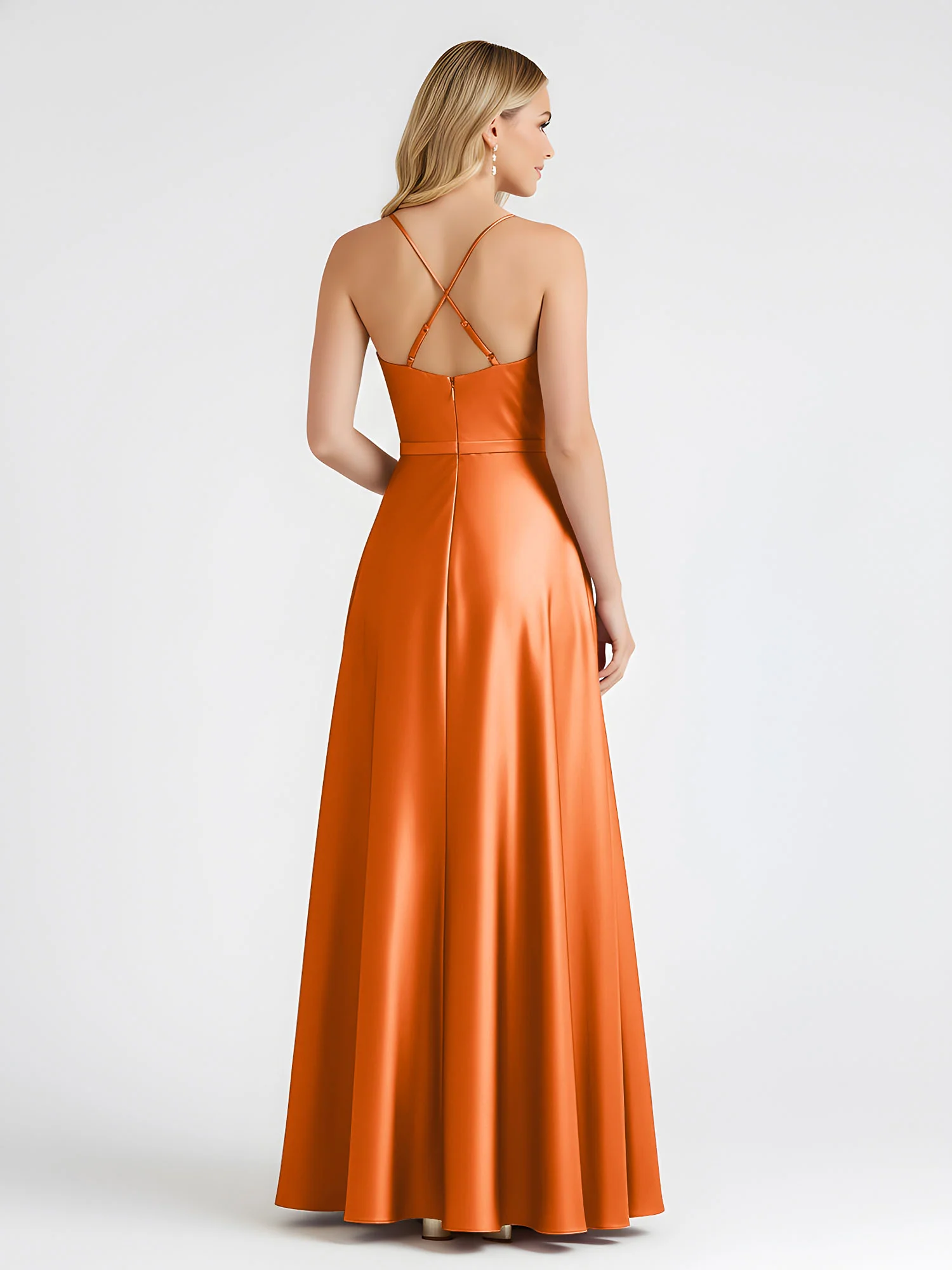 A-Line Satin Floor Length Cowl Neck Ruched Dresses Orange - Image 2