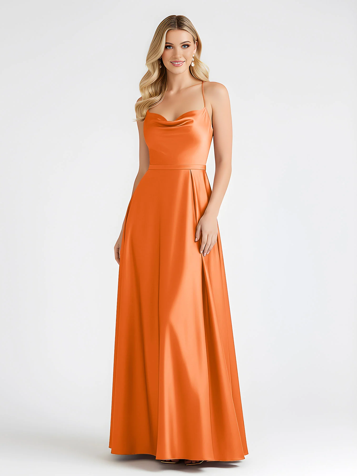 A-Line Satin Floor Length Cowl Neck Ruched Dresses Orange - Image 3