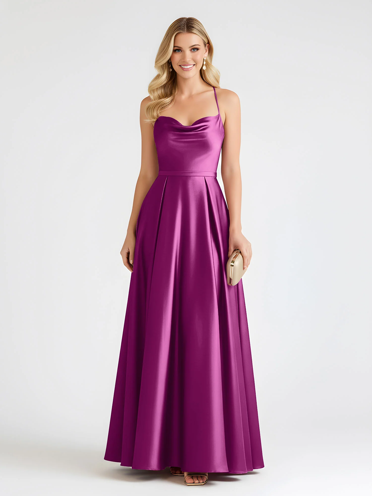 A-Line Satin Floor Length Cowl Neck Ruched Dresses Orchid