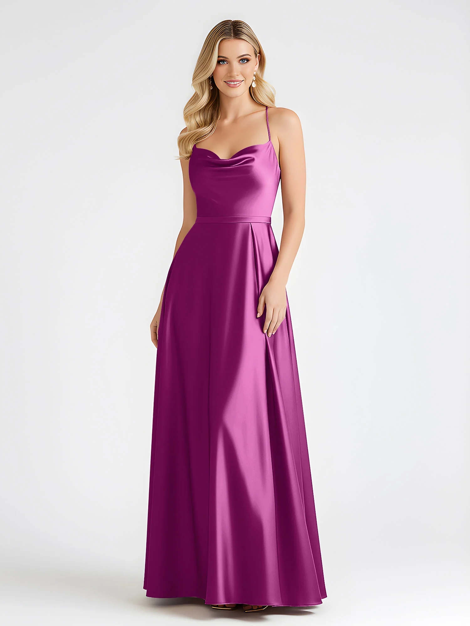 A-Line Satin Floor Length Cowl Neck Ruched Dresses Orchid - Image 3