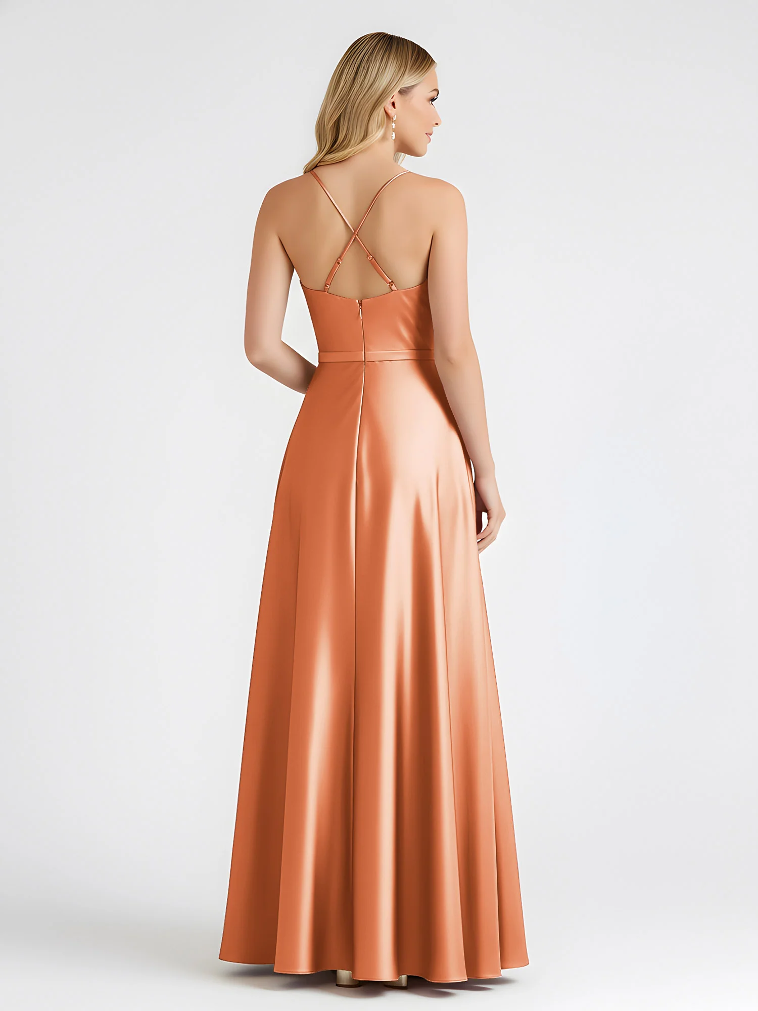 A-Line Satin Floor Length Cowl Neck Ruched Dresses Papaya - Image 2