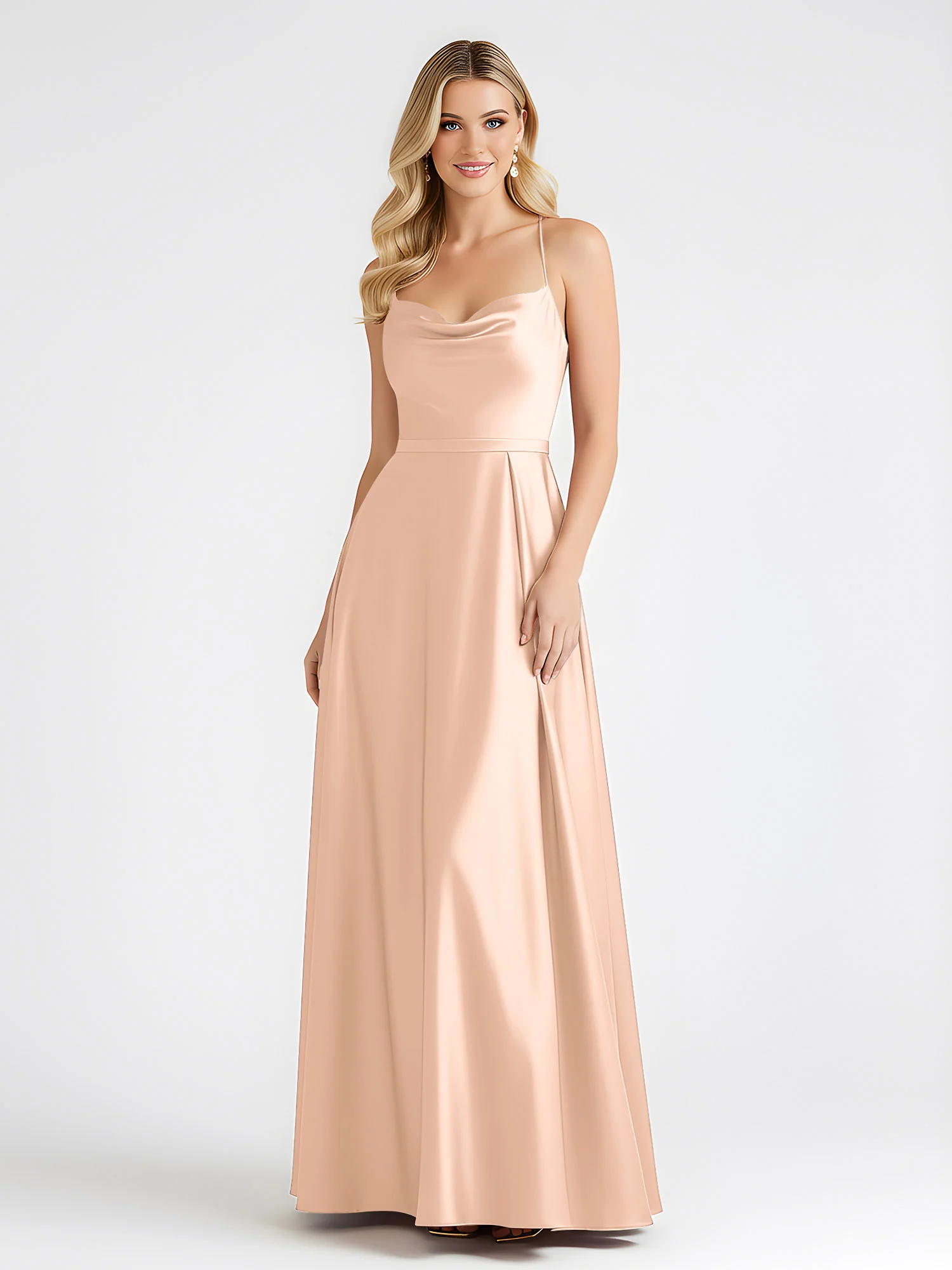 A-Line Satin Floor Length Cowl Neck Ruched Dresses Peach - Image 3