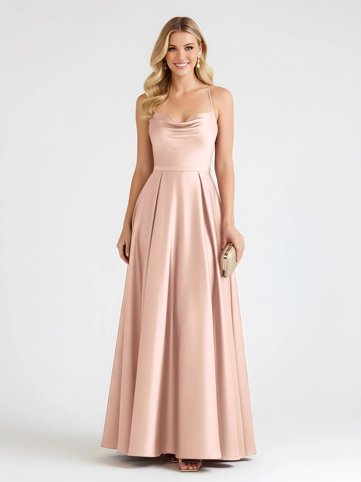A-Line Satin Floor Length Cowl Neck Ruched Dresses Pearl Pink