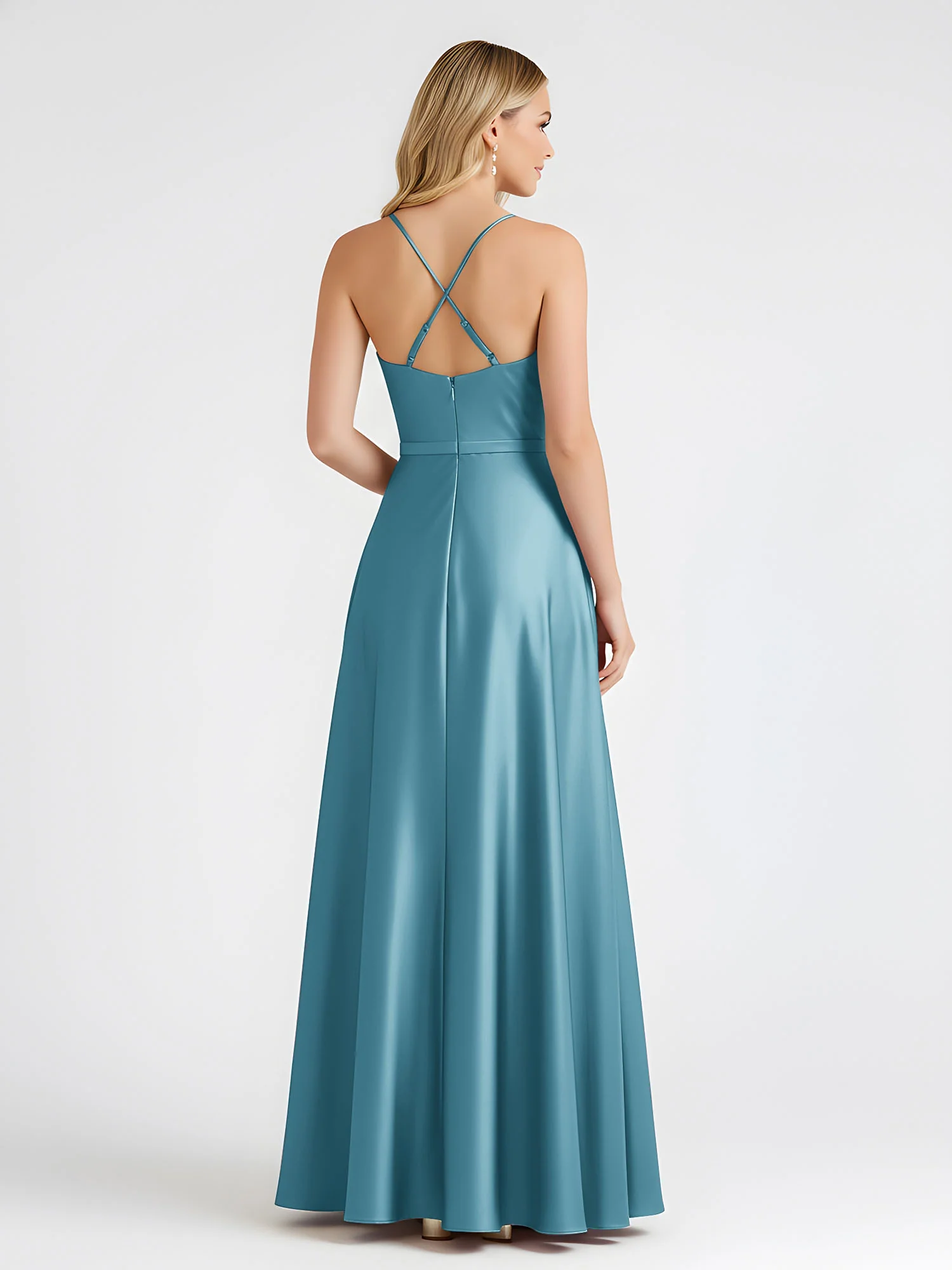 A-Line Satin Floor Length Cowl Neck Ruched Dresses Pool - Image 2