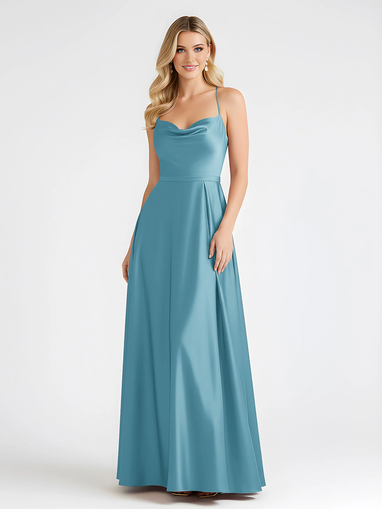 A-Line Satin Floor Length Cowl Neck Ruched Dresses Pool - Image 3