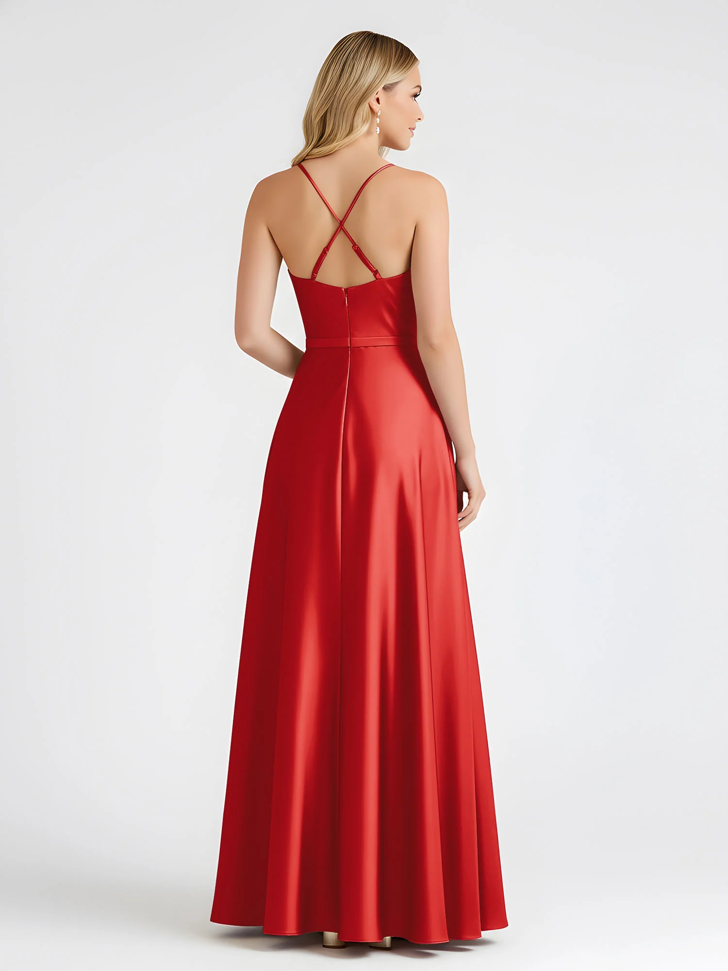 A-Line Satin Floor Length Cowl Neck Ruched Dresses Red - Image 2