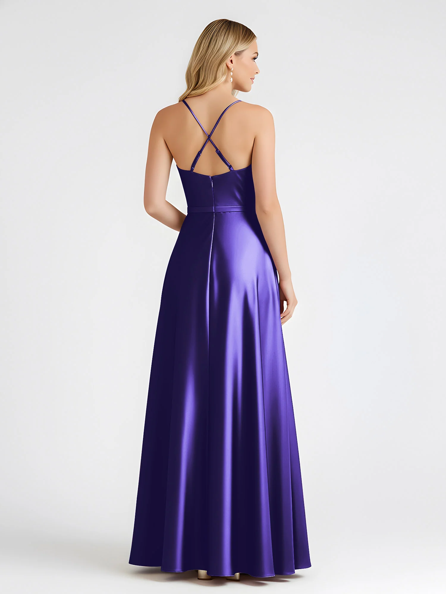 A-Line Satin Floor Length Cowl Neck Ruched Dresses Regency - Image 2