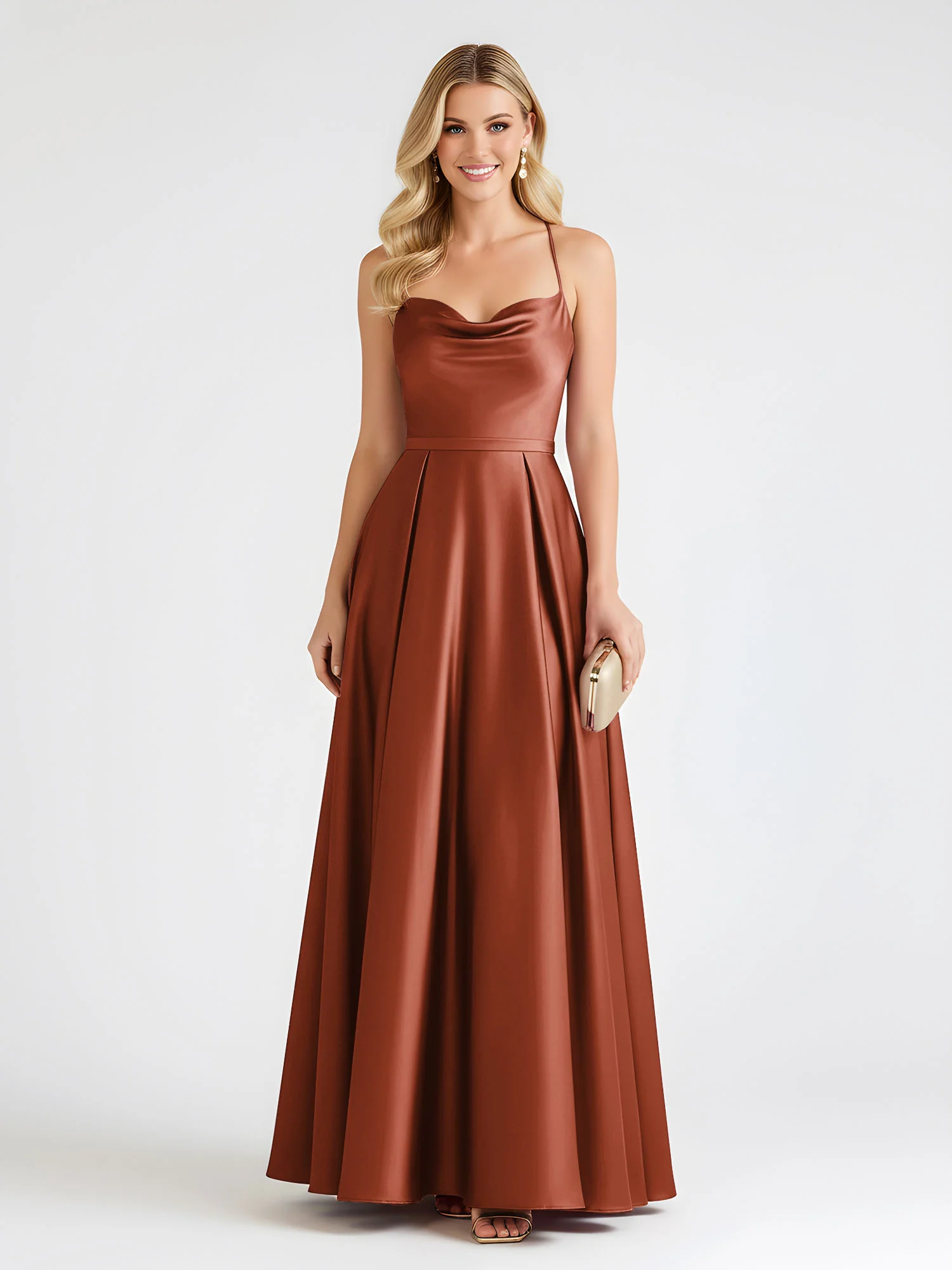 A-Line Satin Floor Length Cowl Neck Ruched Dresses Rust