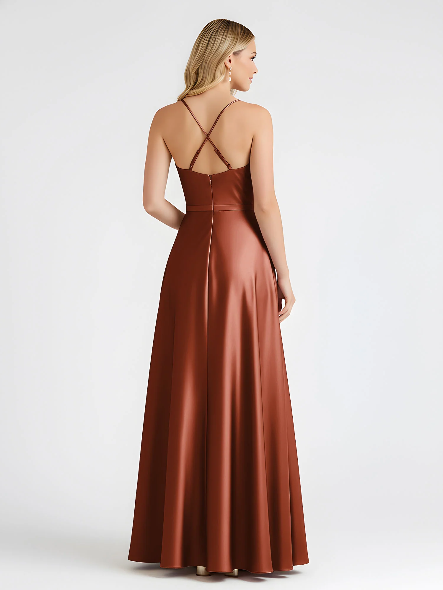 A-Line Satin Floor Length Cowl Neck Ruched Dresses Rust - Image 2