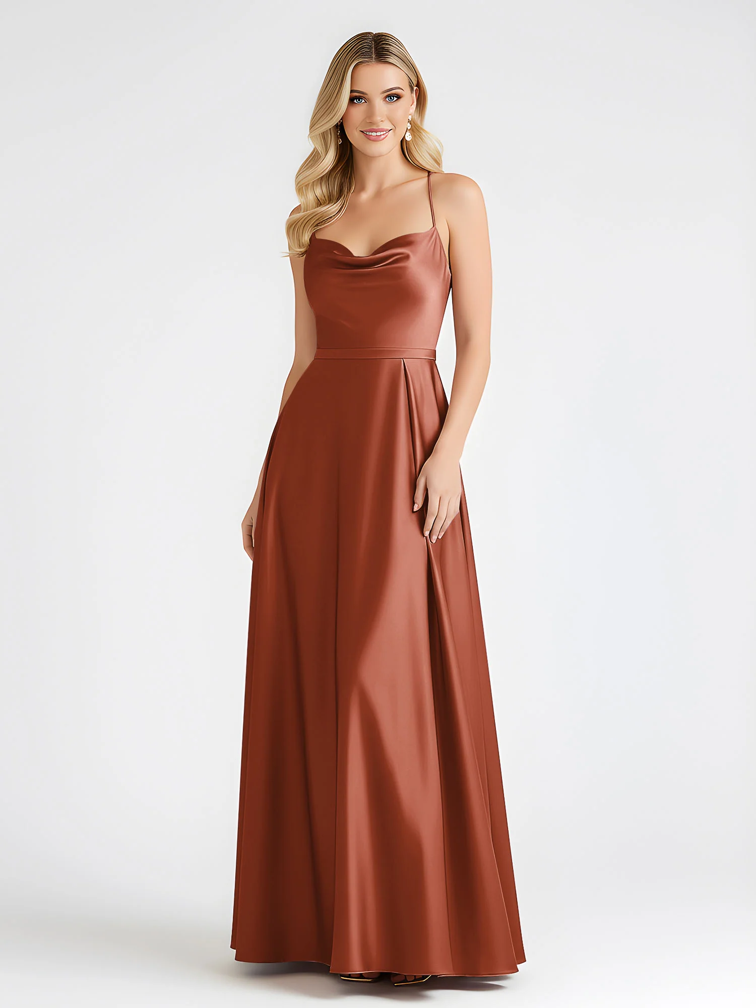 A-Line Satin Floor Length Cowl Neck Ruched Dresses Rust - Image 3