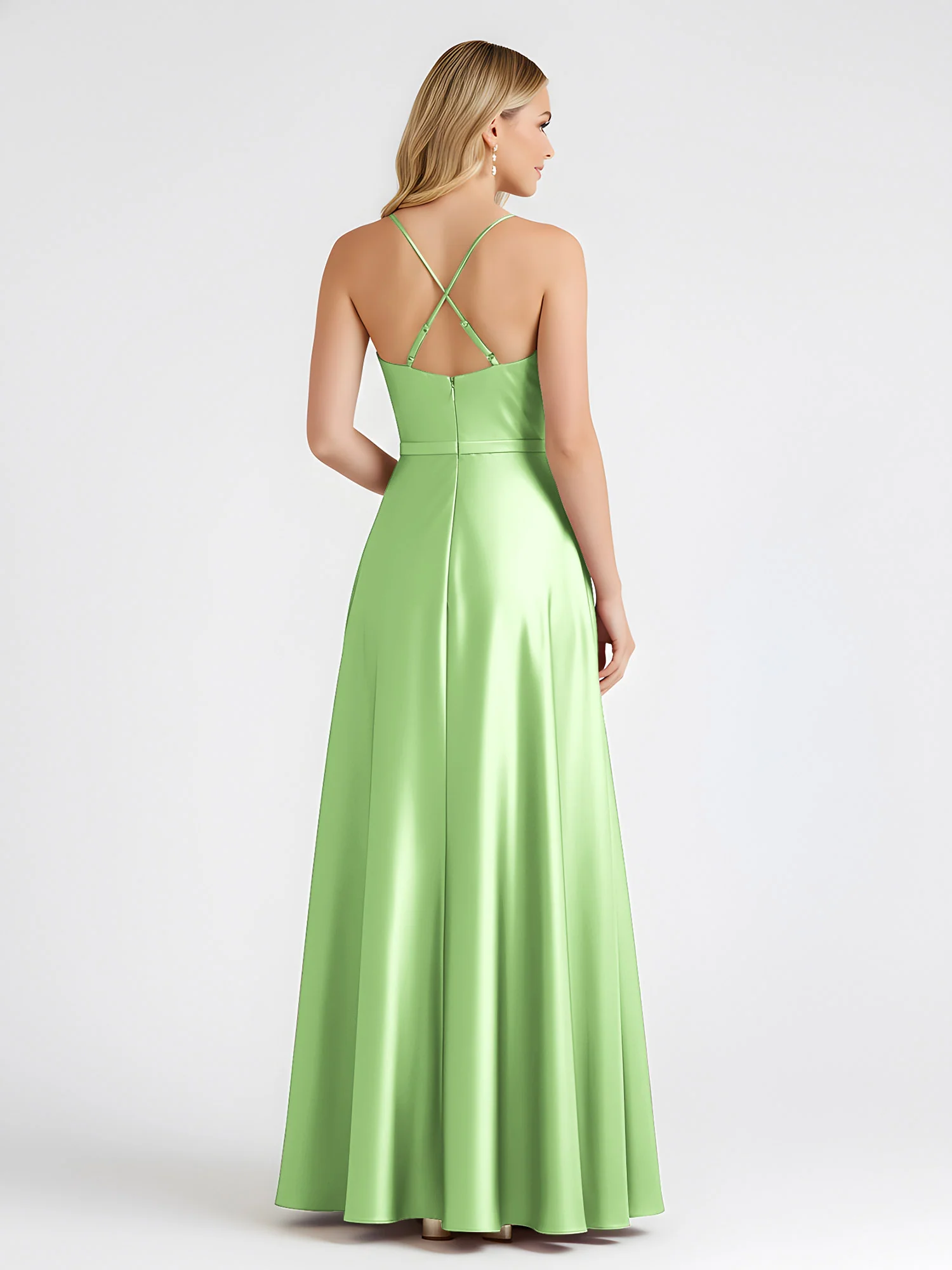 A-Line Satin Floor Length Cowl Neck Ruched Dresses Sage - Image 2