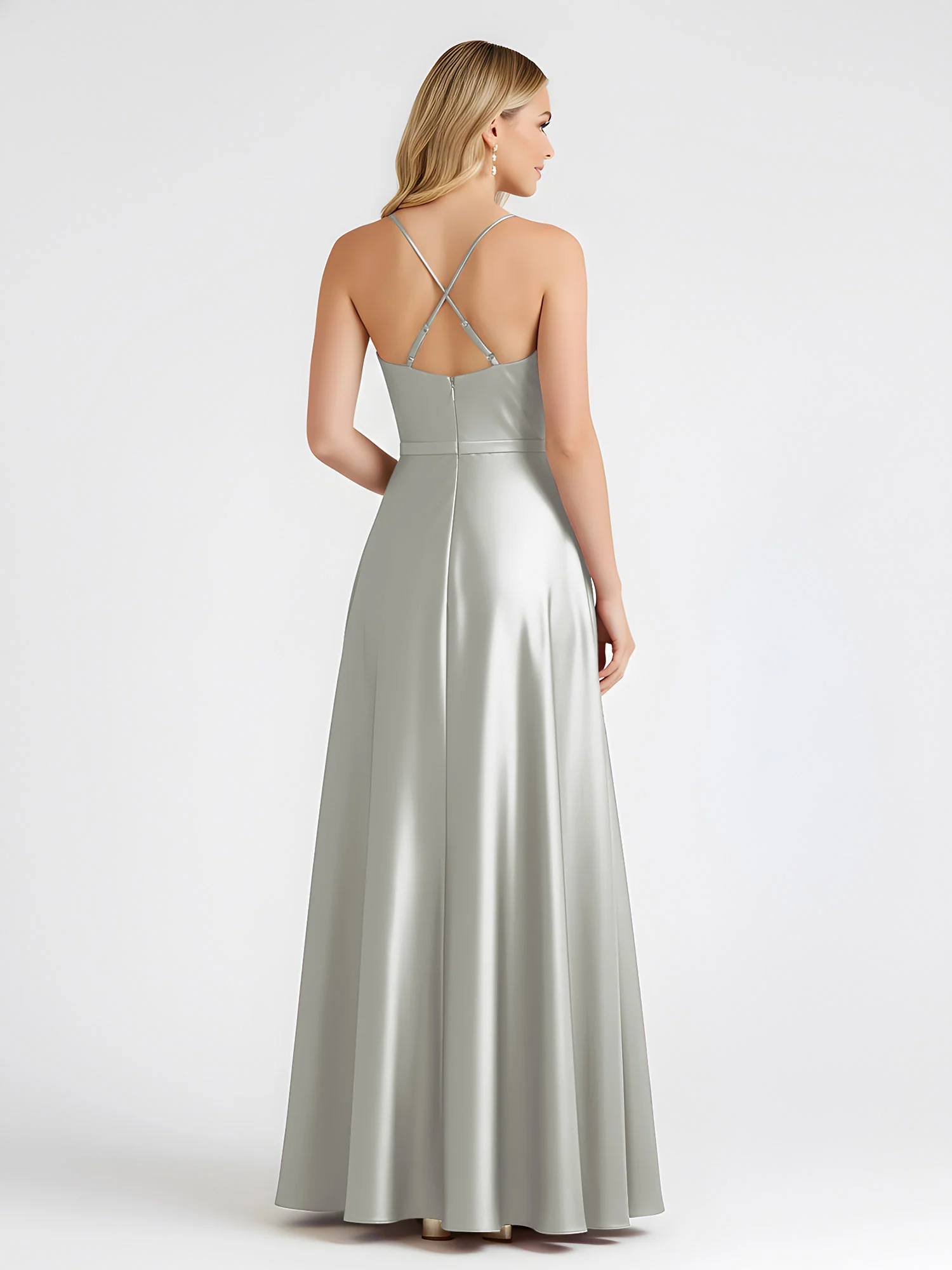 A-Line Satin Floor Length Cowl Neck Ruched Dresses Silver - Image 2