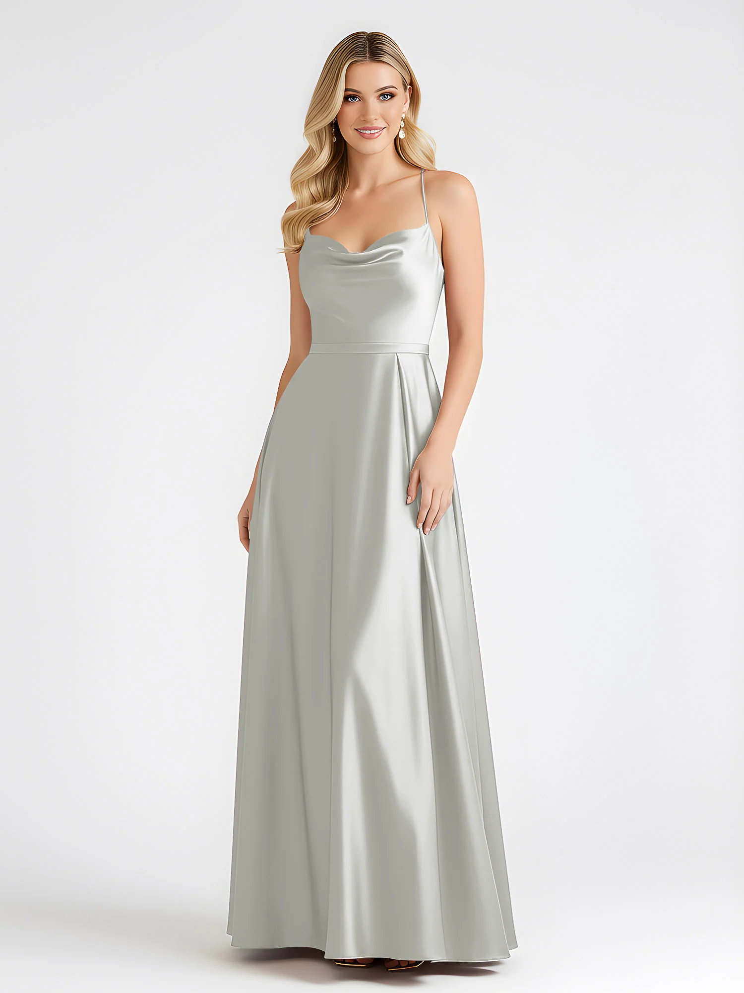 A-Line Satin Floor Length Cowl Neck Ruched Dresses Silver - Image 3