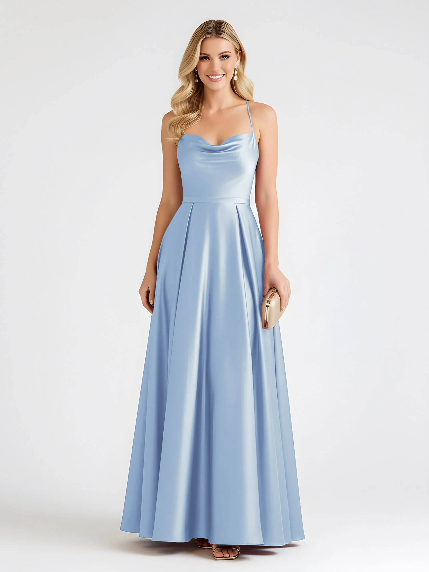 A-Line Satin Floor Length Cowl Neck Ruched Dresses Sky Blue
