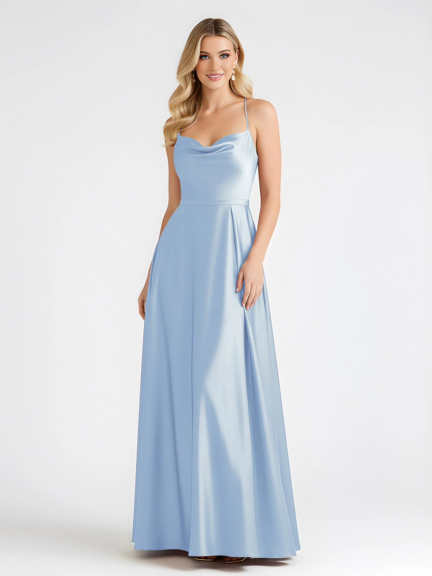 A-Line Satin Floor Length Cowl Neck Ruched Dresses Sky Blue - Image 3