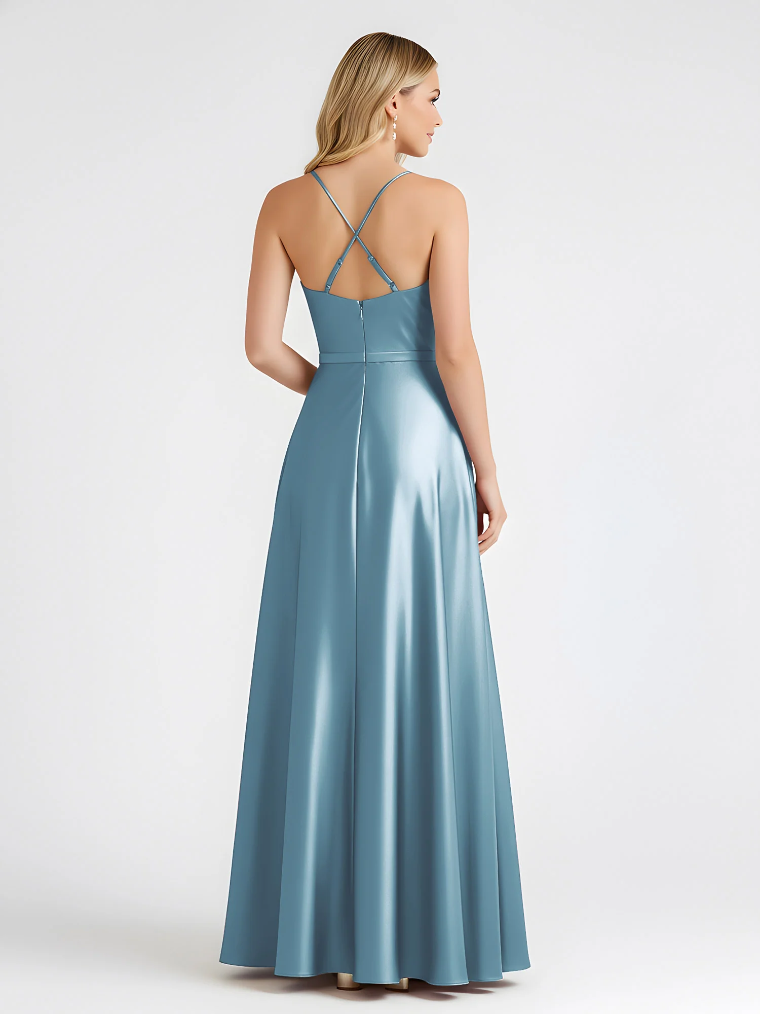 A-Line Satin Floor Length Cowl Neck Ruched Dresses Slate Blue - Image 2