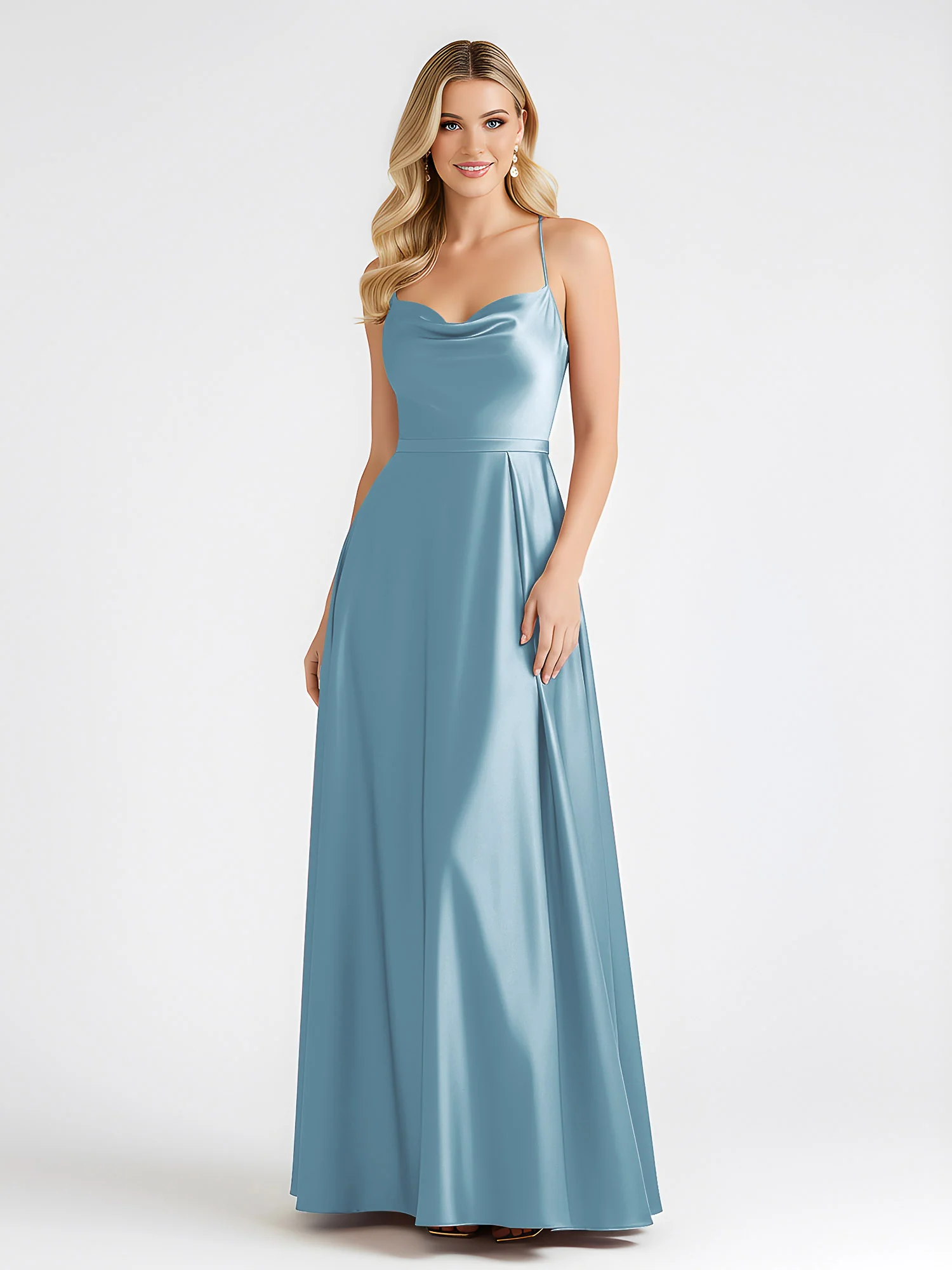 A-Line Satin Floor Length Cowl Neck Ruched Dresses Slate Blue - Image 3