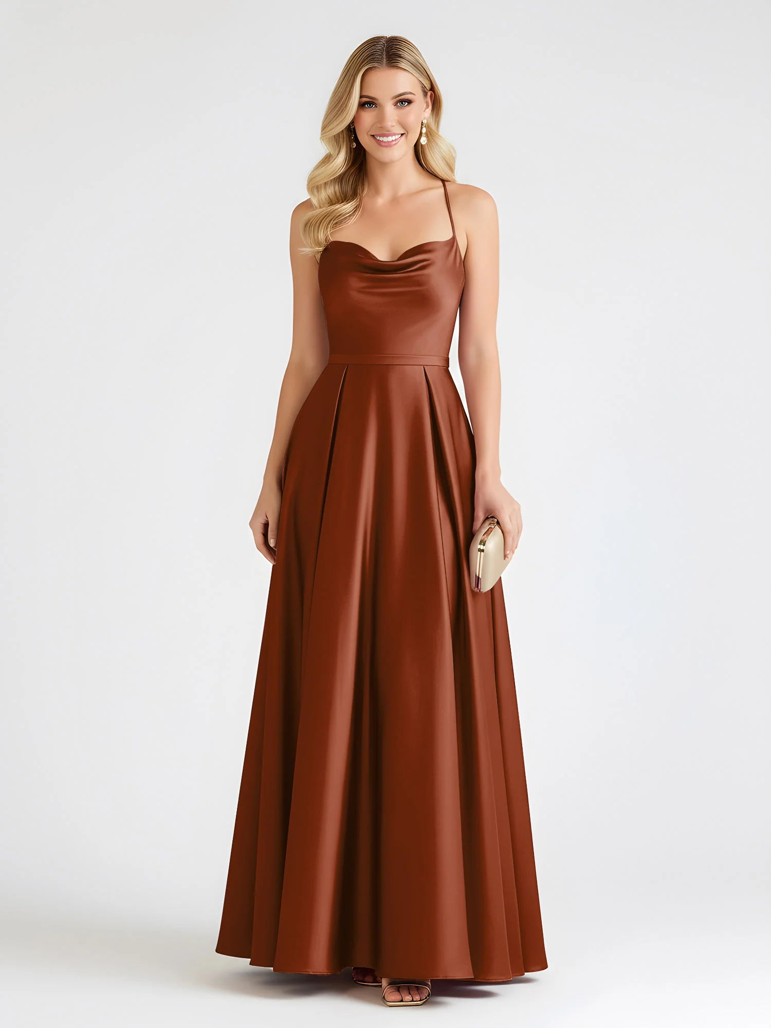 A-Line Satin Floor Length Cowl Neck Ruched Dresses Terracotta