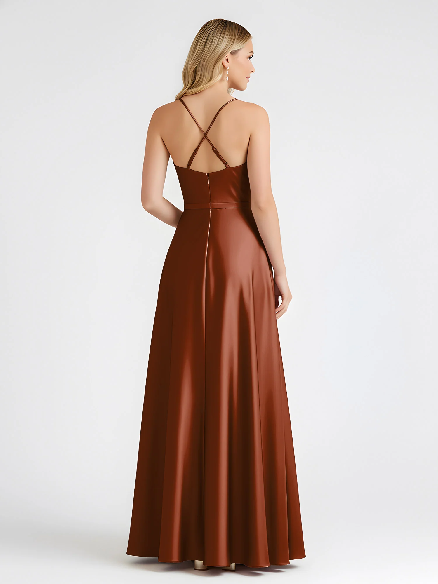 A-Line Satin Floor Length Cowl Neck Ruched Dresses Terracotta - Image 2