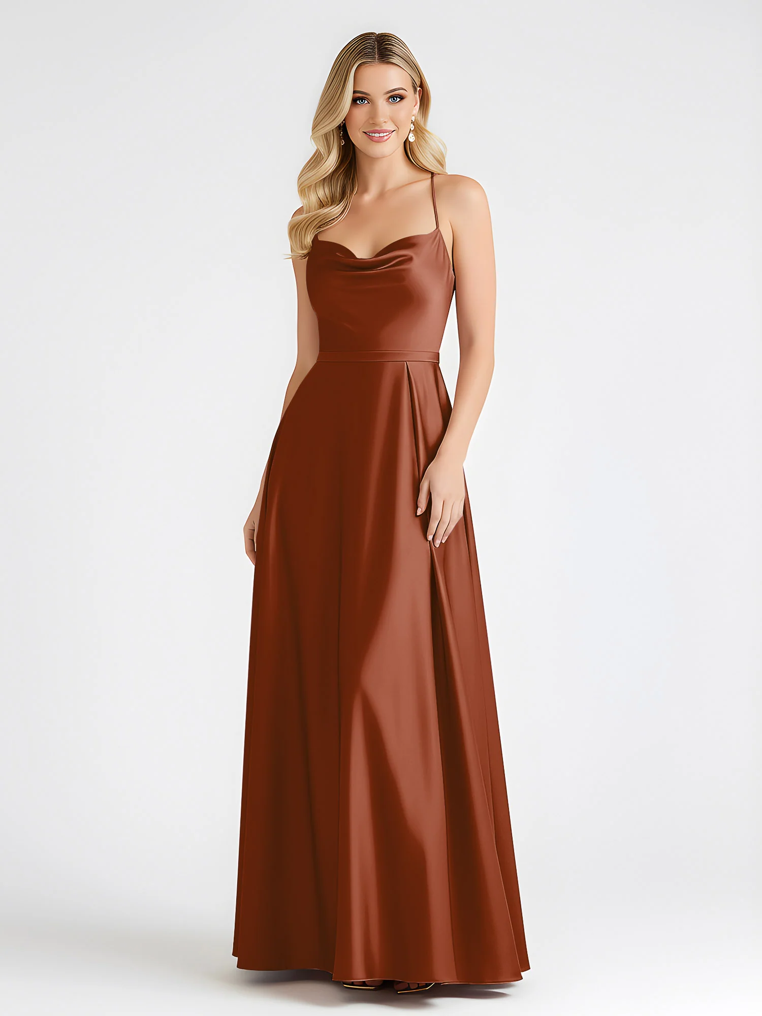 A-Line Satin Floor Length Cowl Neck Ruched Dresses Terracotta - Image 3
