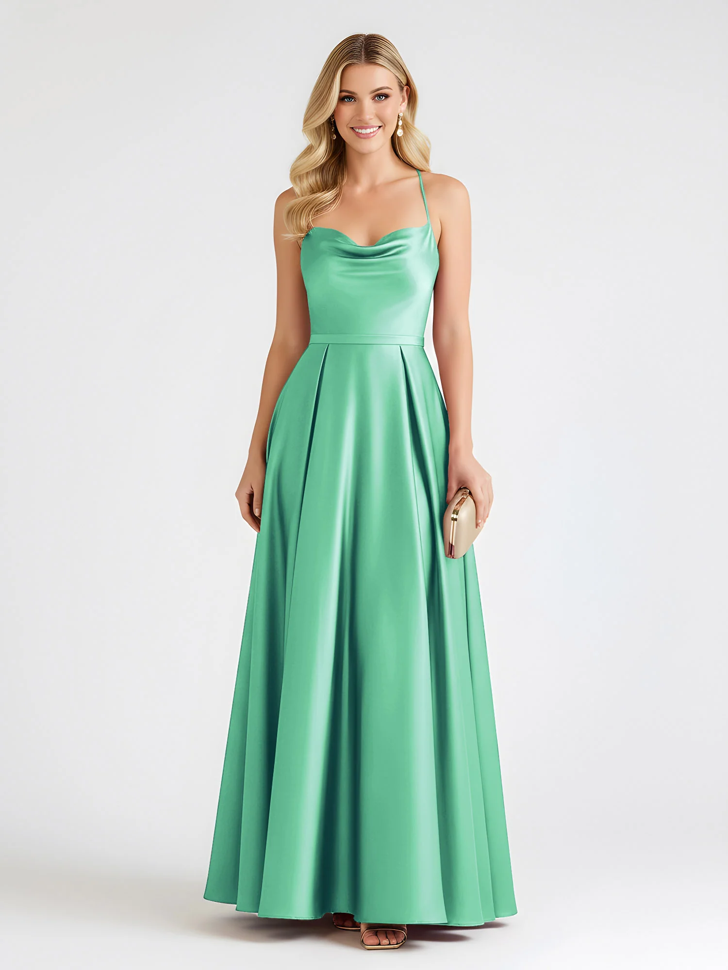 A-Line Satin Floor Length Cowl Neck Ruched Dresses Turquoise