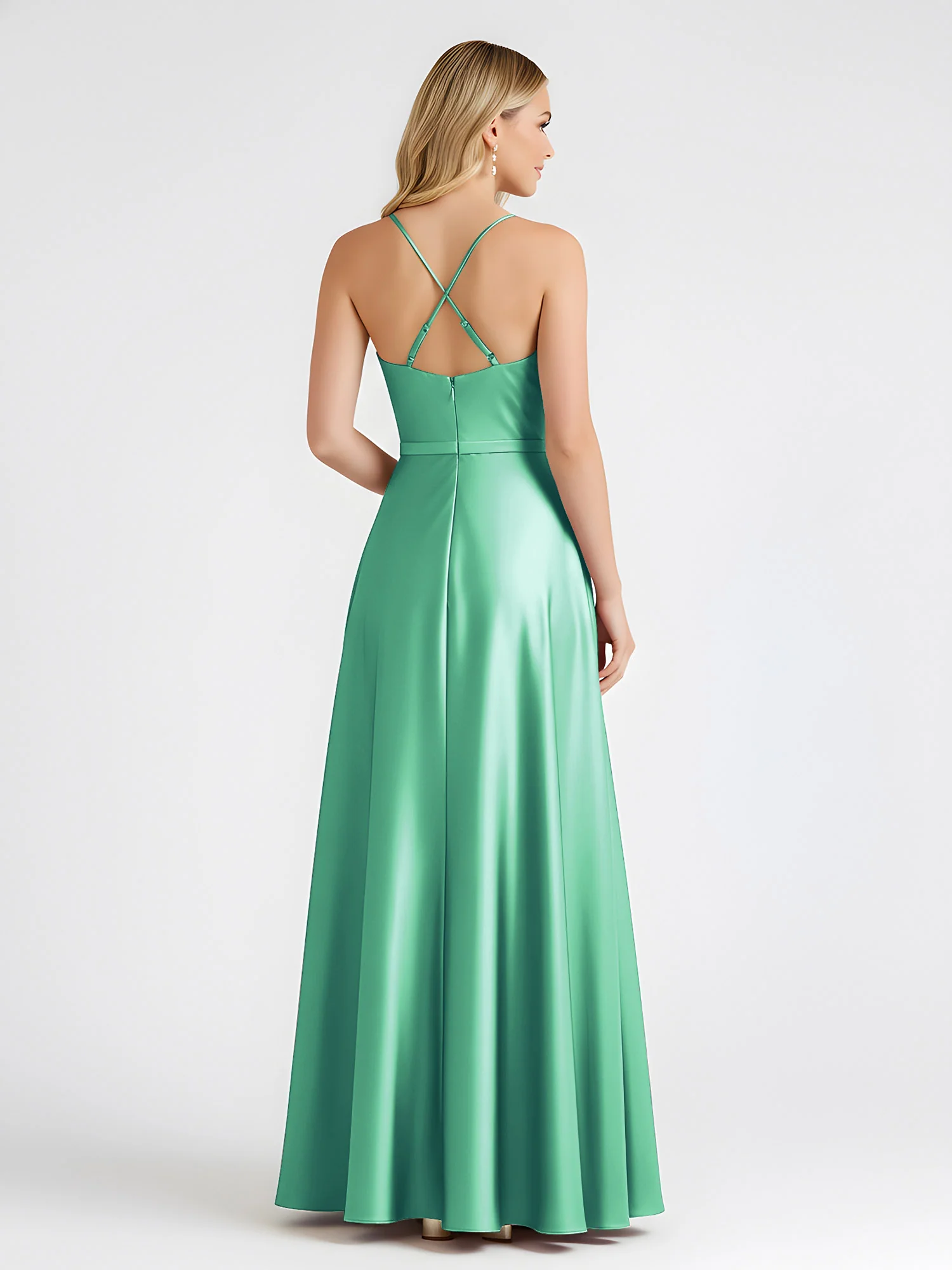 A-Line Satin Floor Length Cowl Neck Ruched Dresses Turquoise - Image 2