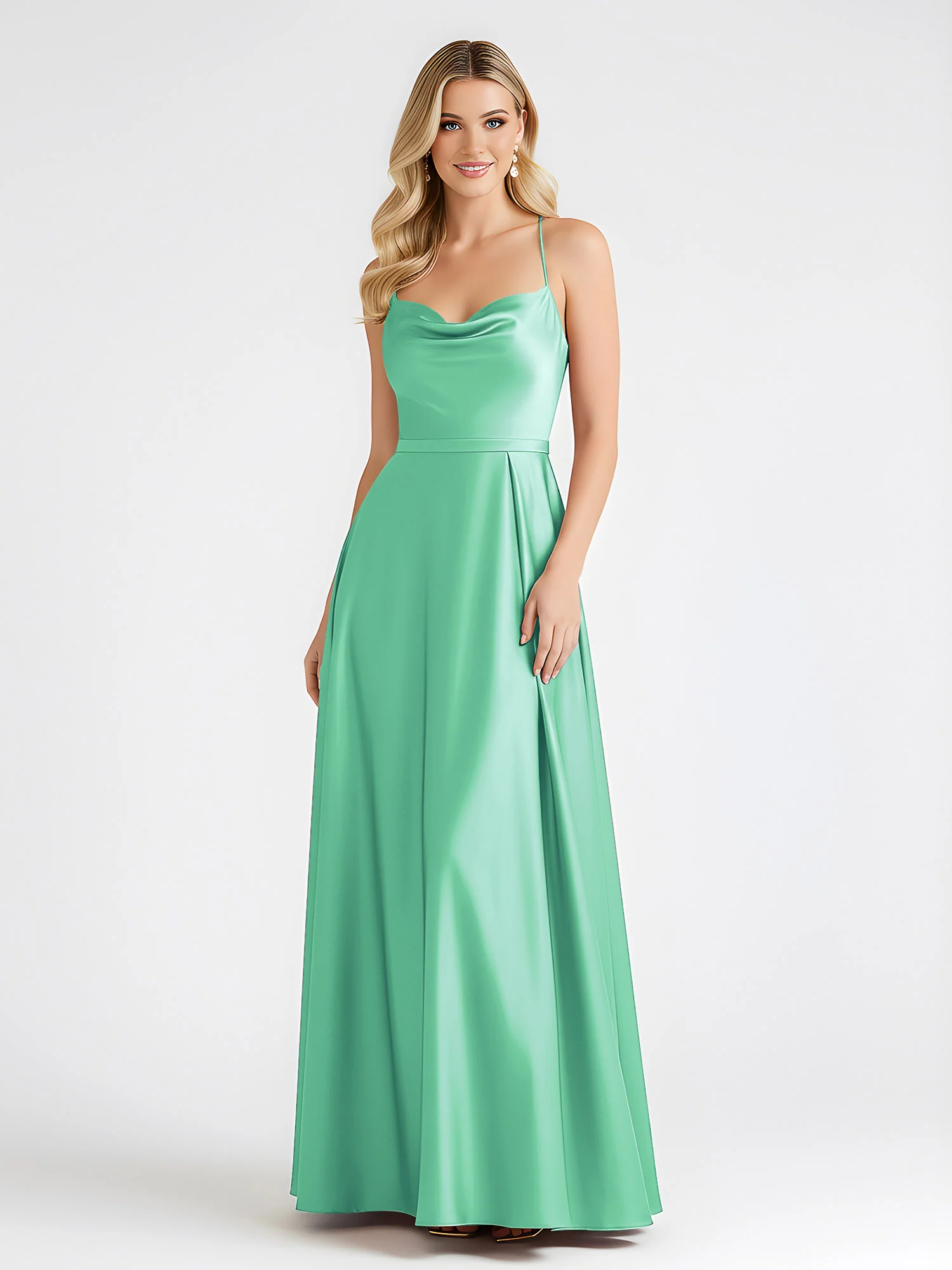 A-Line Satin Floor Length Cowl Neck Ruched Dresses Turquoise - Image 3
