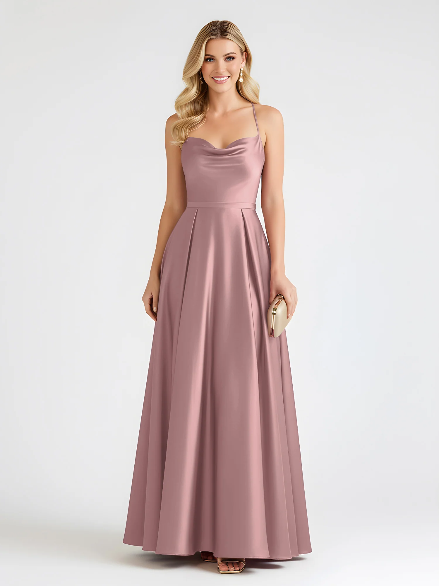 A-Line Satin Floor Length Cowl Neck Ruched Dresses Vintage Mauve