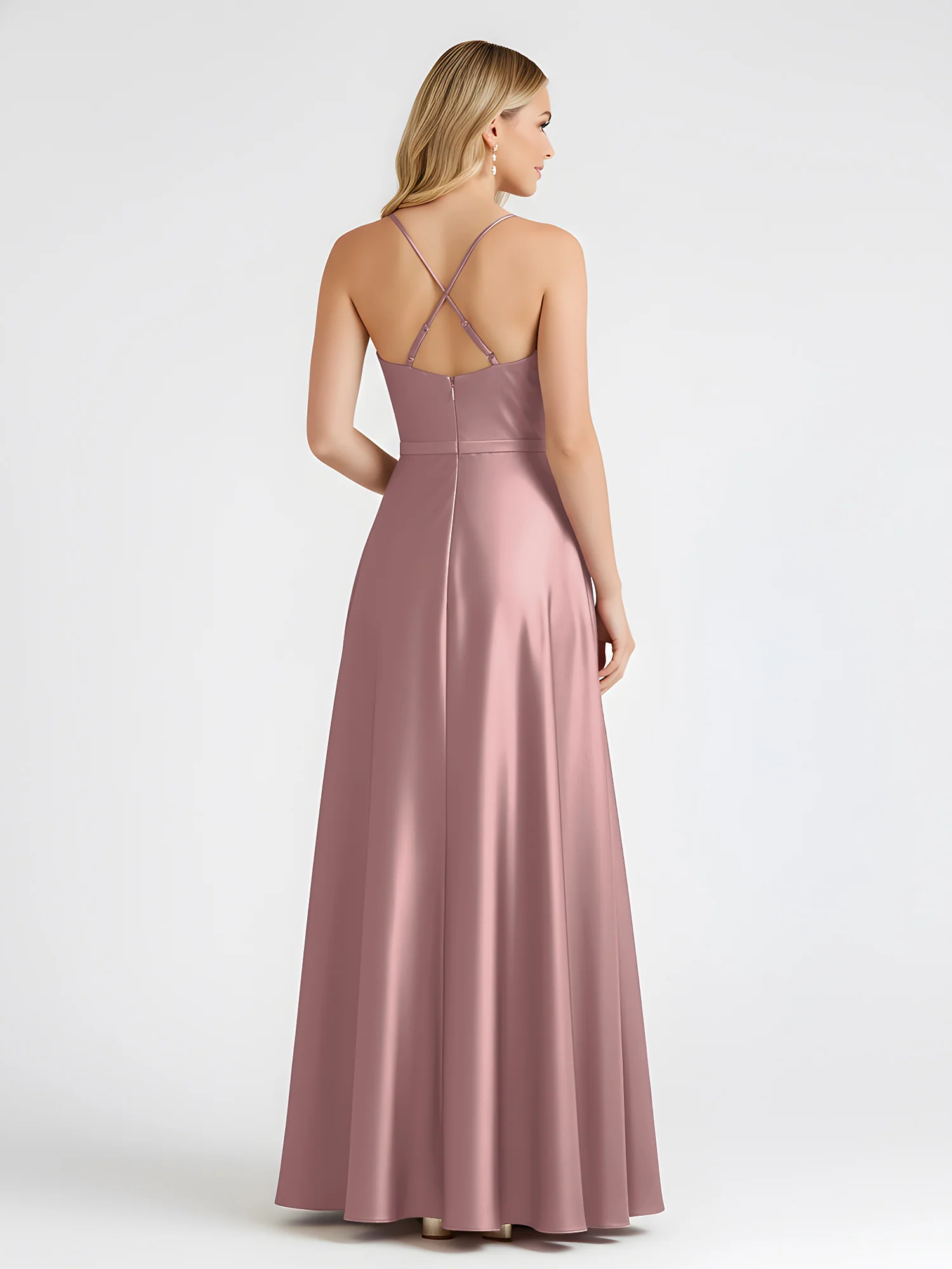 A-Line Satin Floor Length Cowl Neck Ruched Dresses Vintage Mauve - Image 2