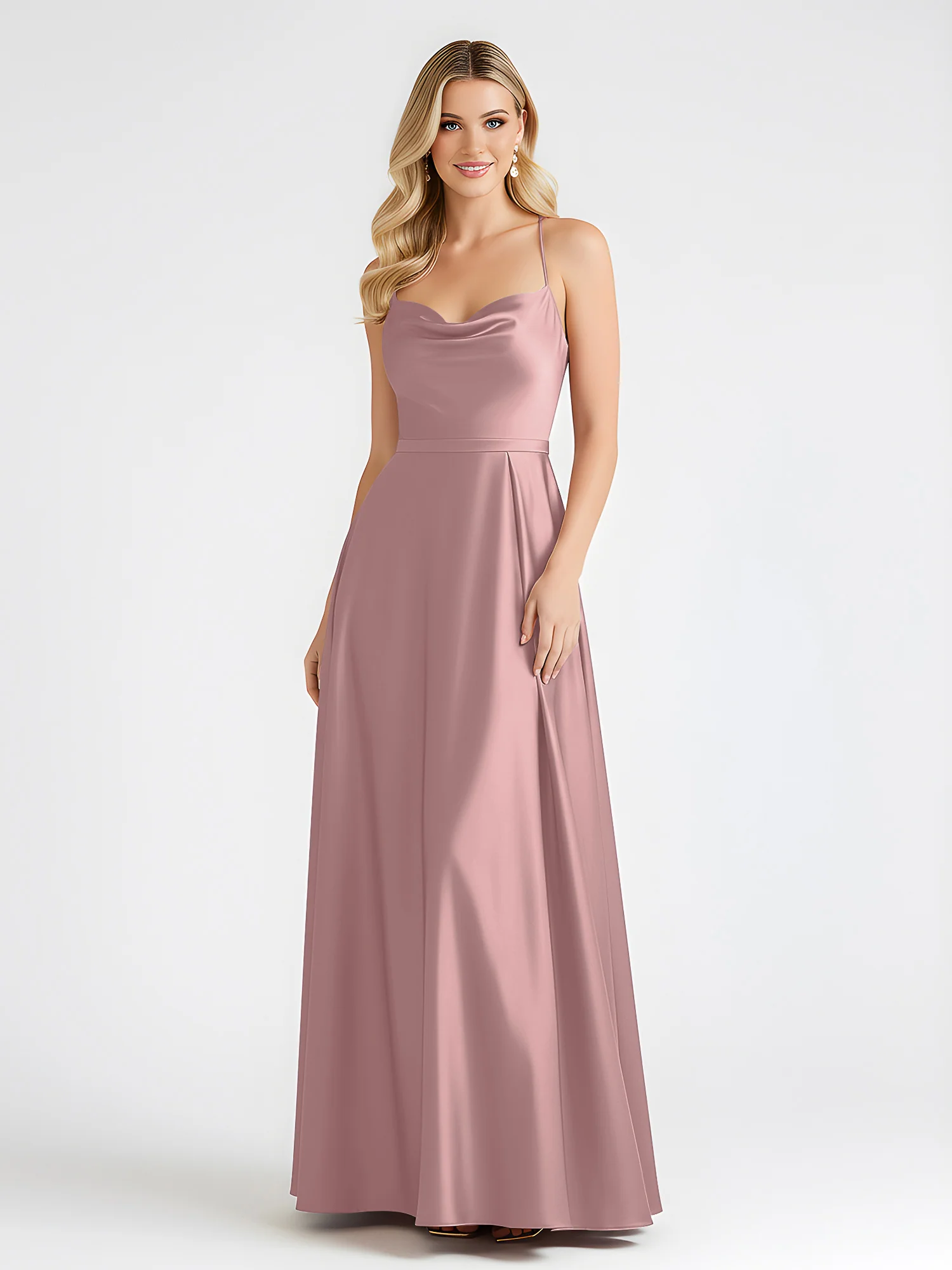 A-Line Satin Floor Length Cowl Neck Ruched Dresses Vintage Mauve - Image 3