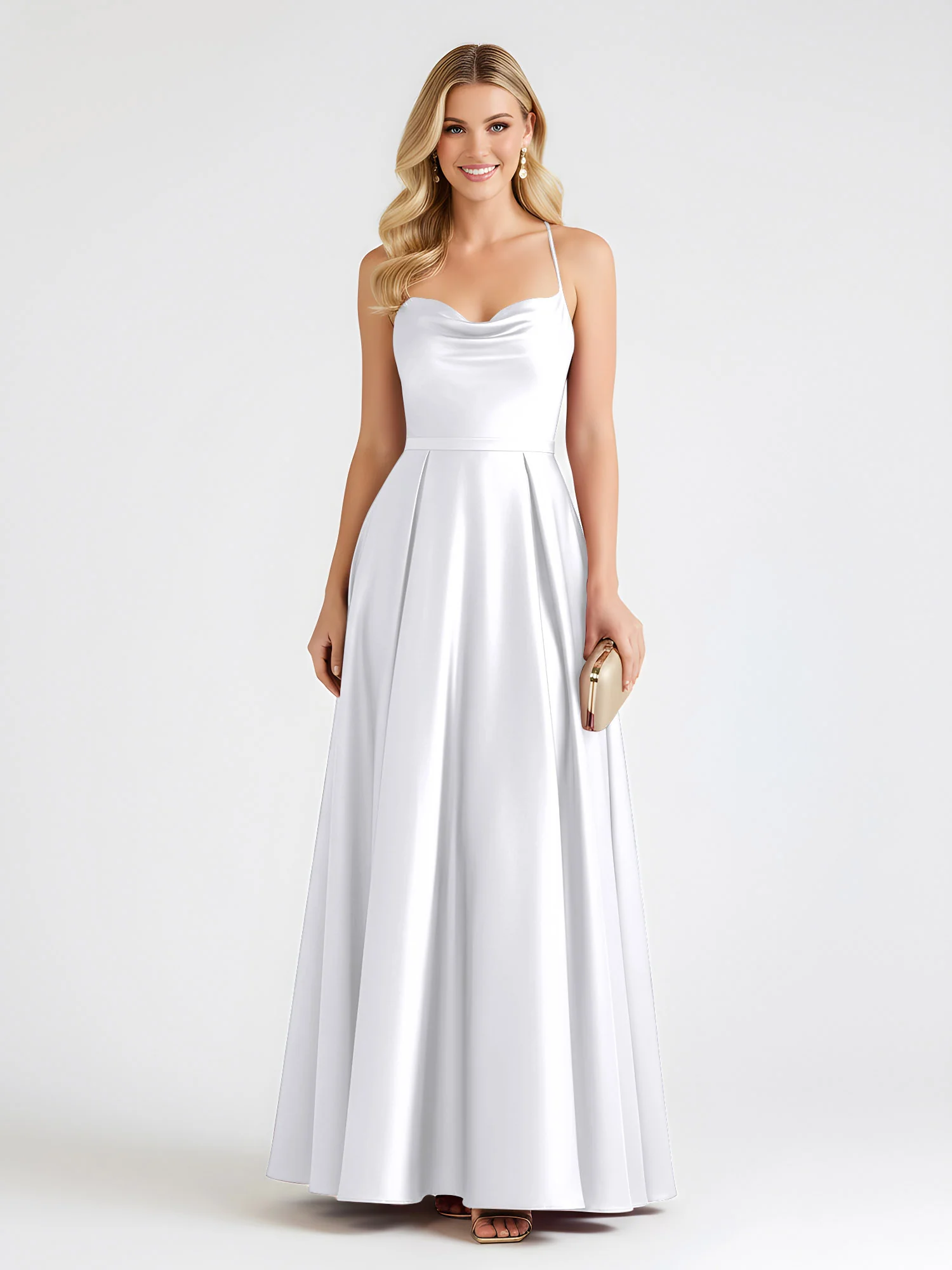 A-Line Satin Floor Length Cowl Neck Ruched Dresses White