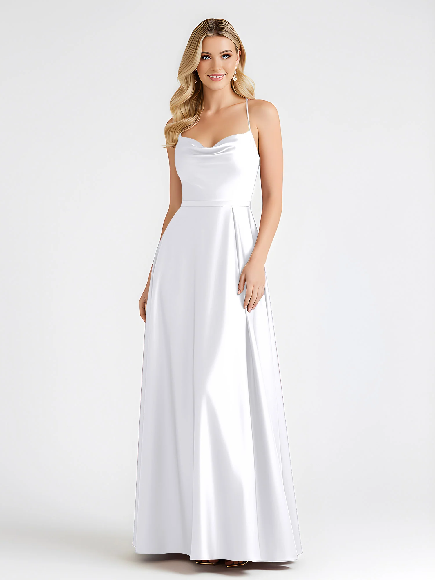 A-Line Satin Floor Length Cowl Neck Ruched Dresses White - Image 3