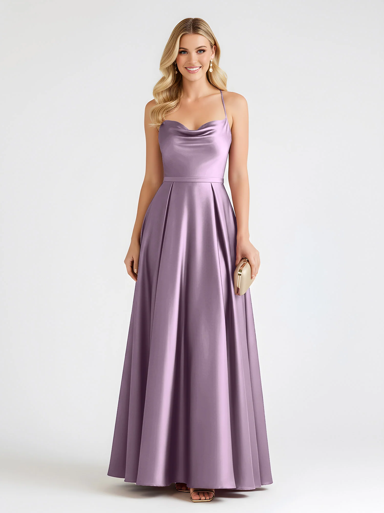 A-Line Satin Floor Length Cowl Neck Ruched Dresses Wisteria