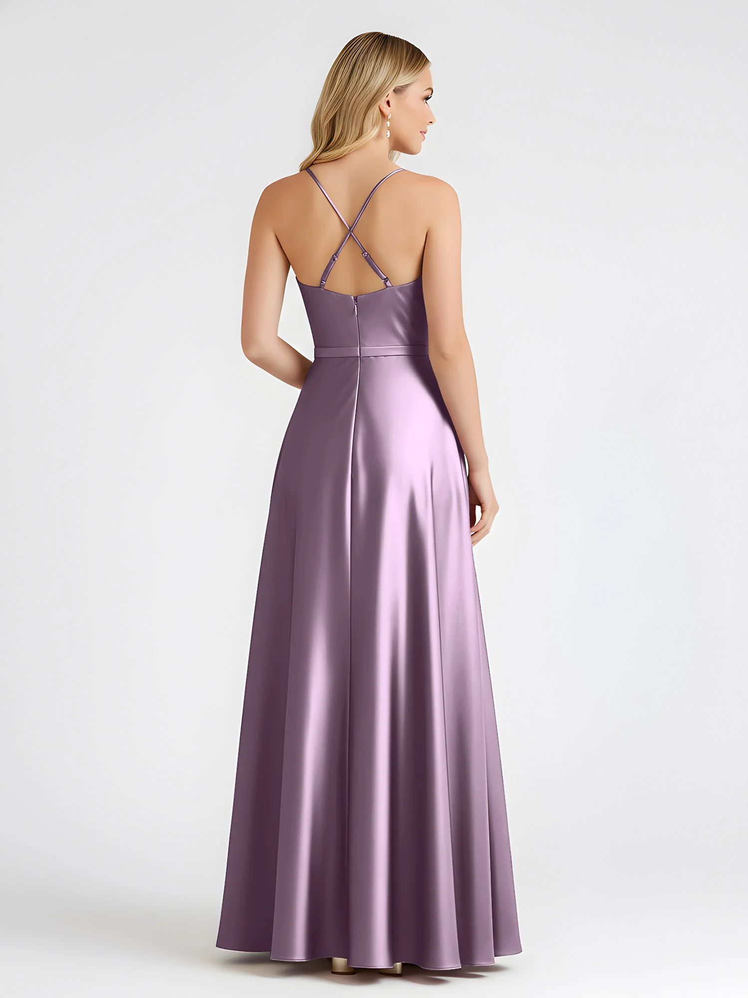 A-Line Satin Floor Length Cowl Neck Ruched Dresses Wisteria - Image 2
