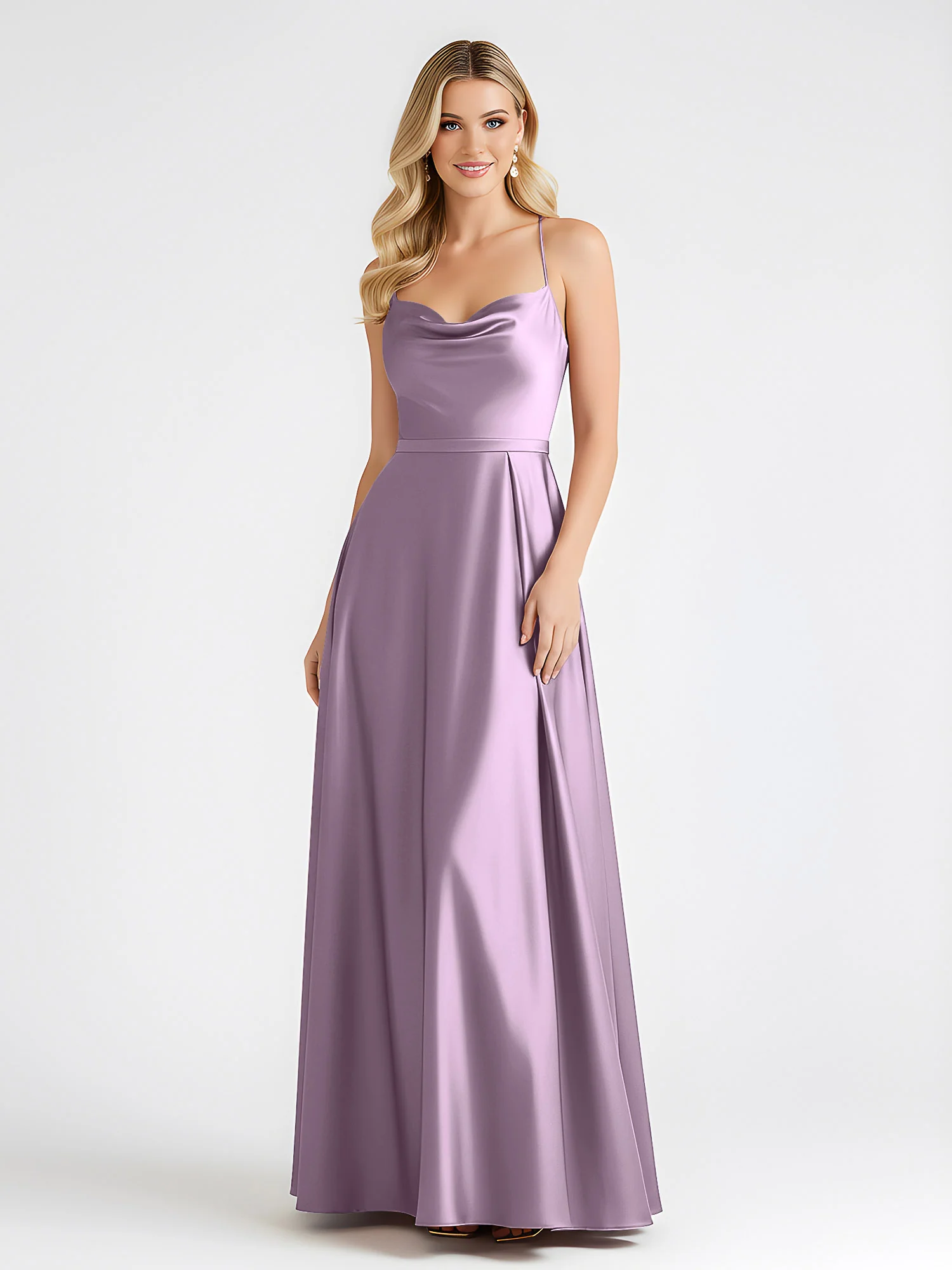 A-Line Satin Floor Length Cowl Neck Ruched Dresses Wisteria - Image 3