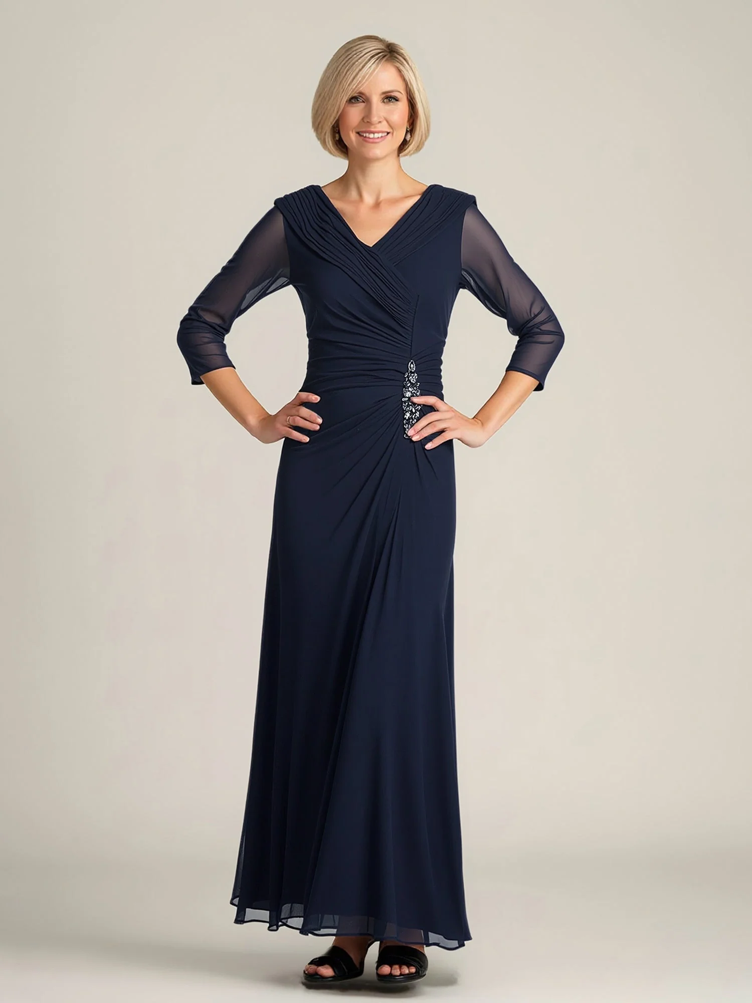 Chiffon Ruched Bodice Formal Gown with Sheer Sleeves Fuchsia
